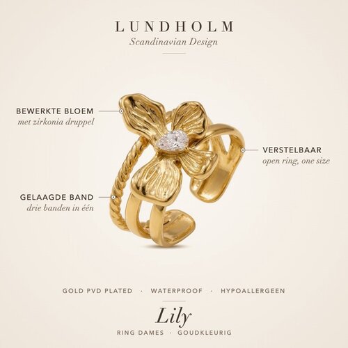 Lundholm Lily – Verstelbare Bloemenring met Zirkonia – Goudkleurig Lundholm Lily – Verstelbare Bloemenring met Zirkonia – Goudkleurig