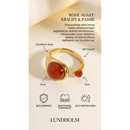 Lundholm Sophia – Adjustable Ring with Red Agate – Gold-Tone Lundholm Sophia – Adjustable Ring with Red Agate – Gold-Tone