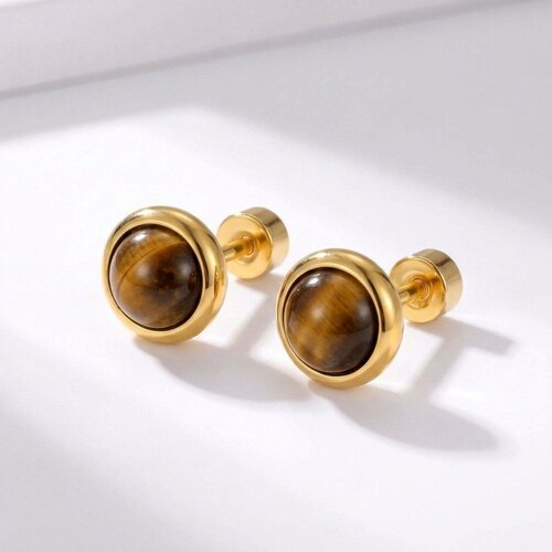 Lundholm Novi – Natural Stone Stud Earrings 0.8 cm – Tiger's Eye – Gold-Tone