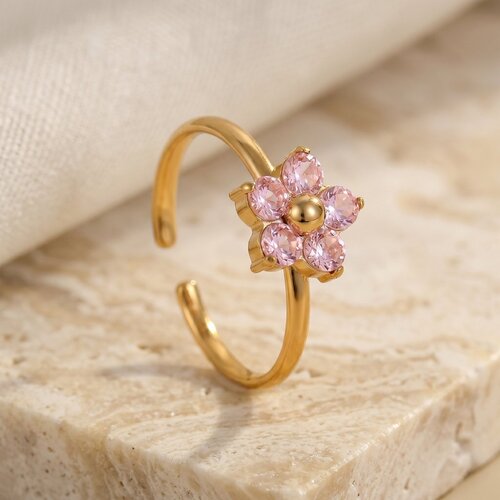 Lundholm Romy – Verstelbare Bloemring met Roze Steen – Goudkleurig Lundholm Romy – Verstelbare Bloemring met Roze Steen – Goudkleurig
