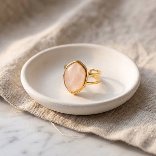 Lundholm Rosan – Adjustable Statement Ring with Natural Stone – Pink Stone – Gold-Tone Lundholm Rosan – Adjustable Statement Ring with Natural Stone – Pink Stone – Gold-Tone
