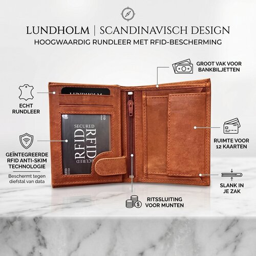 Lundholm Heren Portemonnee Echt Rundleer met RFID 12 Pasjes – Cognac Lundholm Heren Portemonnee Echt Rundleer met RFID 12 Pasjes – Cognac