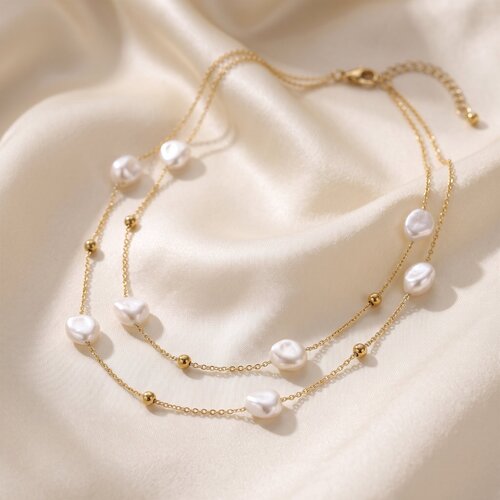 Lundholm Mirabelle – Layered Parelketting met Barokparels – Goudkleurig Lundholm Mirabelle – Layered Parelketting met Barokparels – Goudkleurig