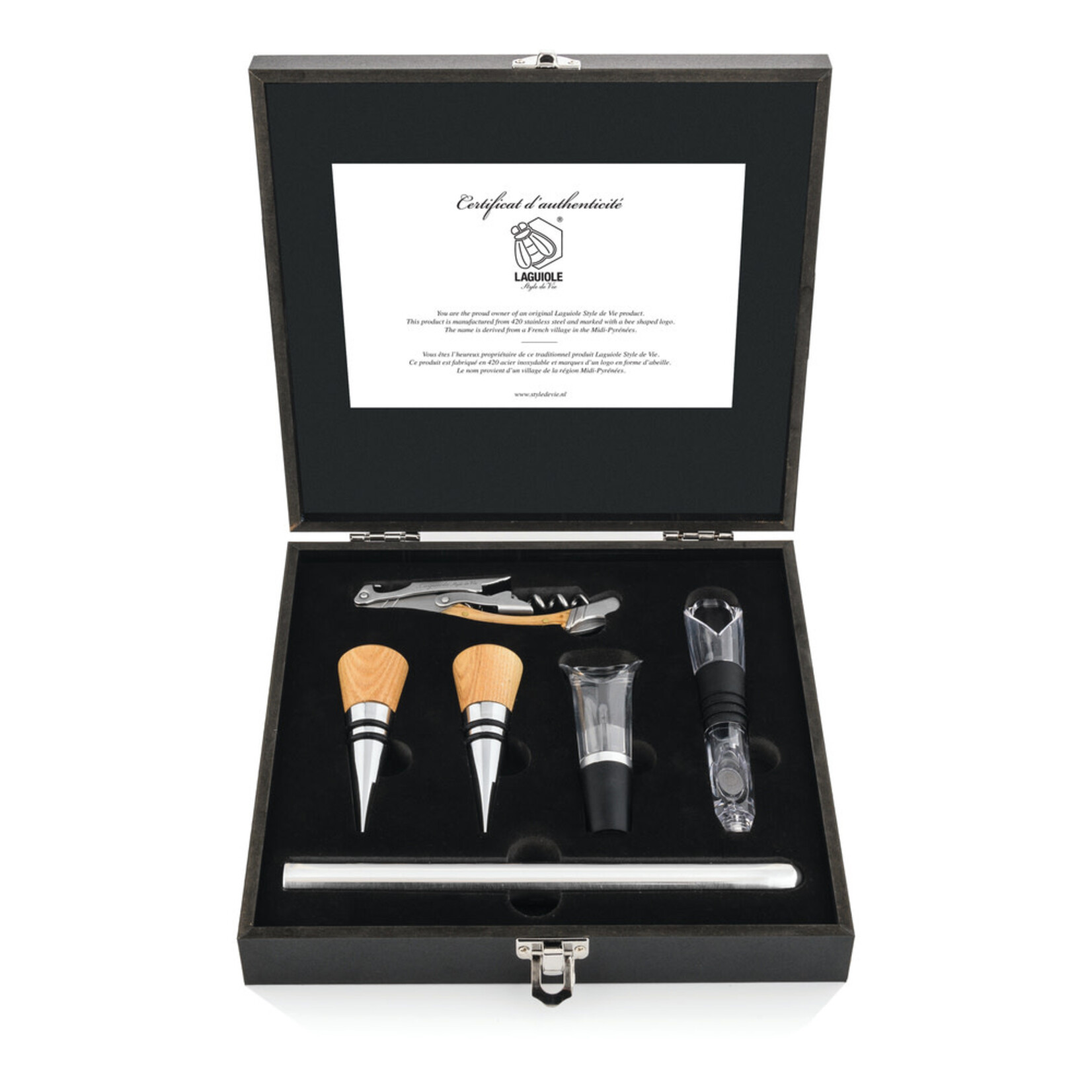 Lagiole Style de Vie Kurkentrekker set Style de Vie Luxury Line kurkentrekker eikenhout met accessoires Style de Vie kurkeikgift