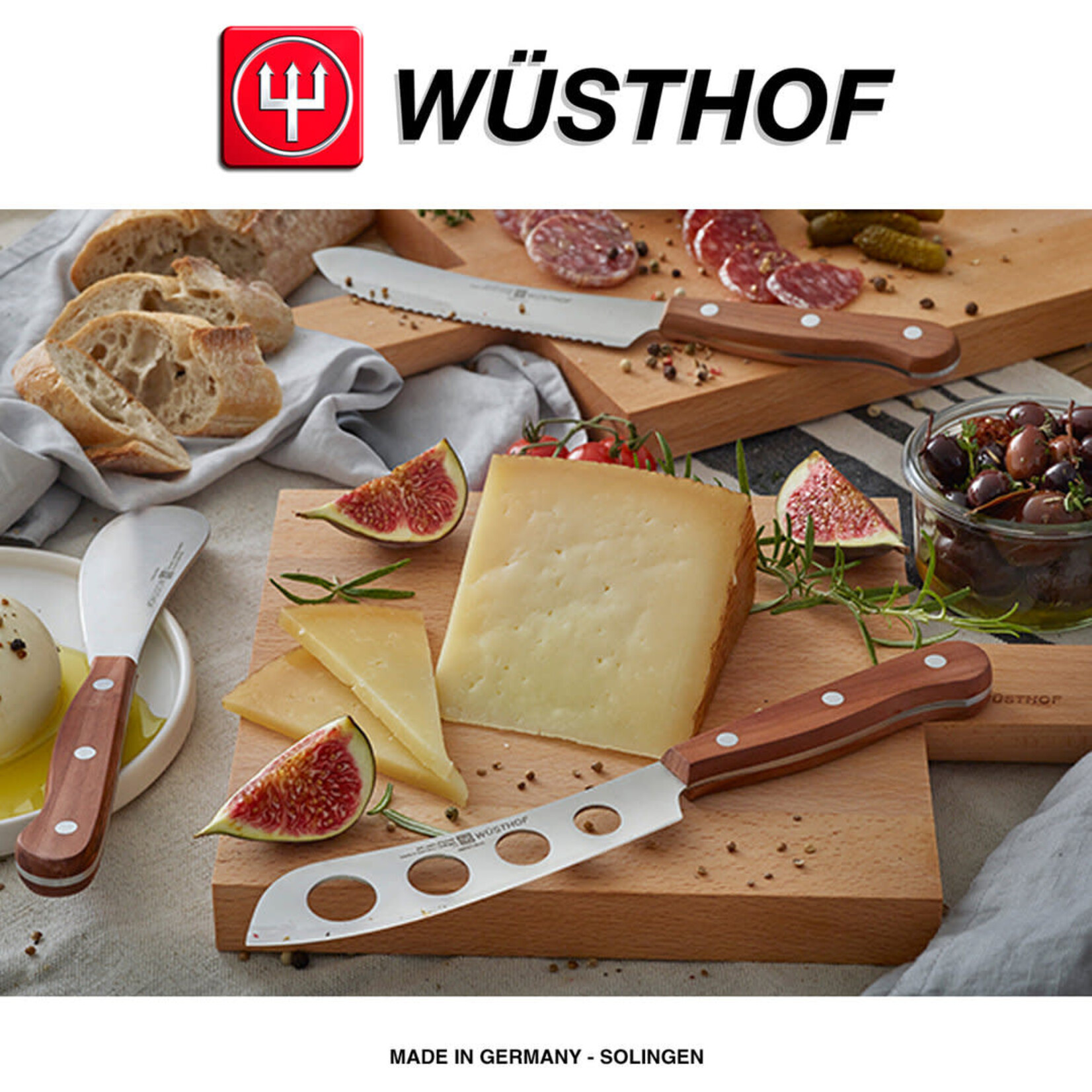 Wüsthof, messen uit Solingen gemaakt onder leiding van de 5e generatie familie Wusthof 3 delige Charcuterie set Wusthof Charcuterie set in houten kistje Wüsthof 9548