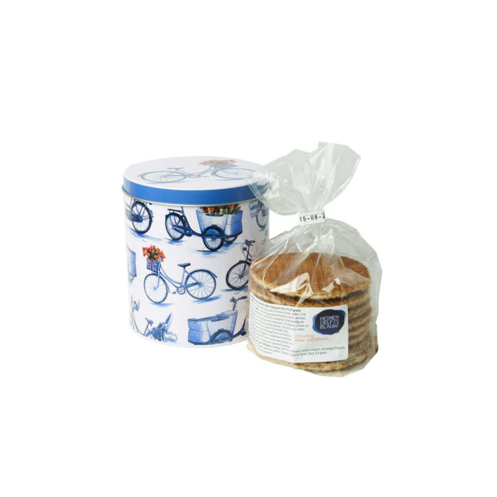 Heinen Delfts Blauw Stroopwafel leeg blik met fietsen erop maar zonder stroopwafels erbij Heinen Delfts Blauw P677