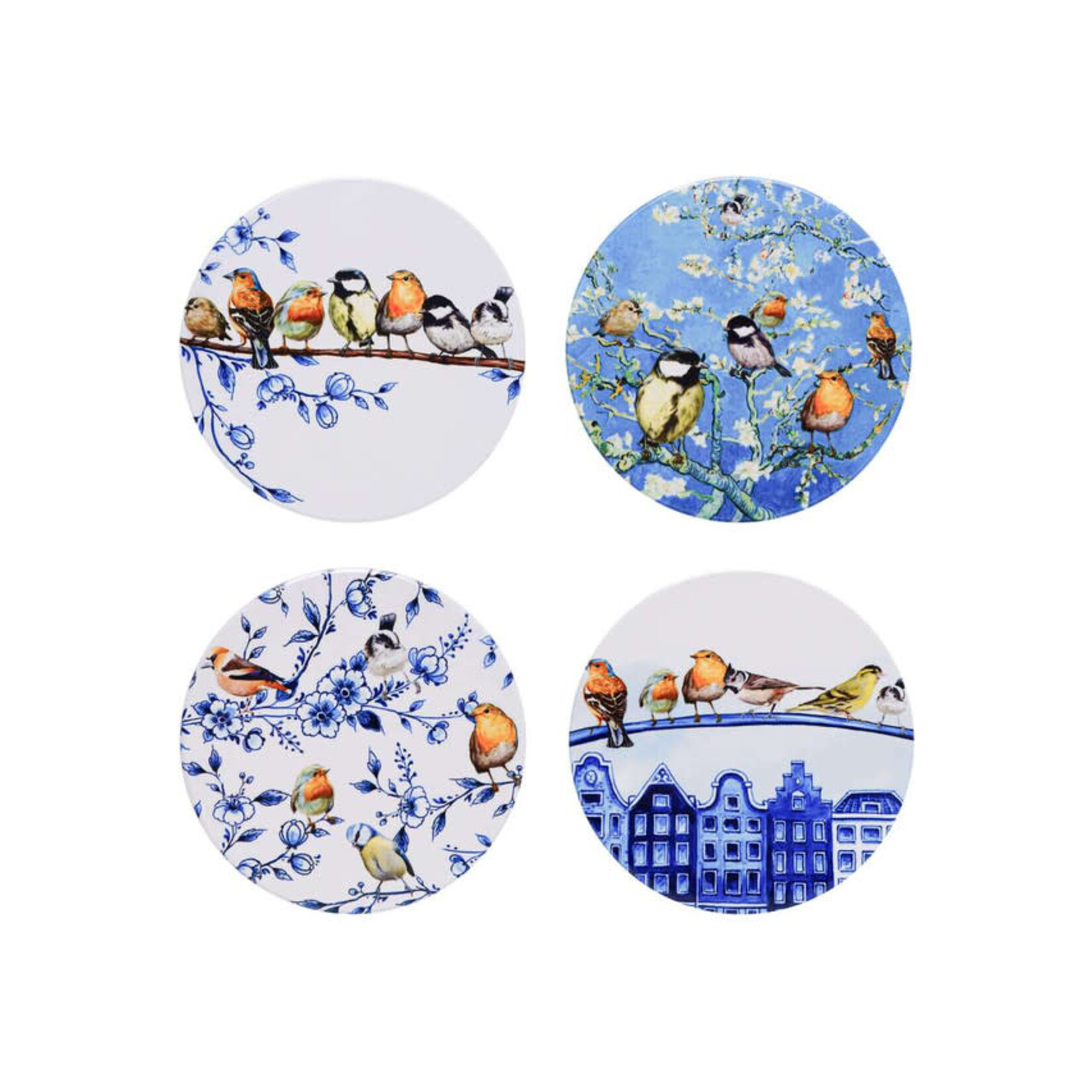 Heinen Delfts Blauw Heinen Delfts blauw onderzetters set van 4 Bosvogels Heinen Delfts Blauw P744