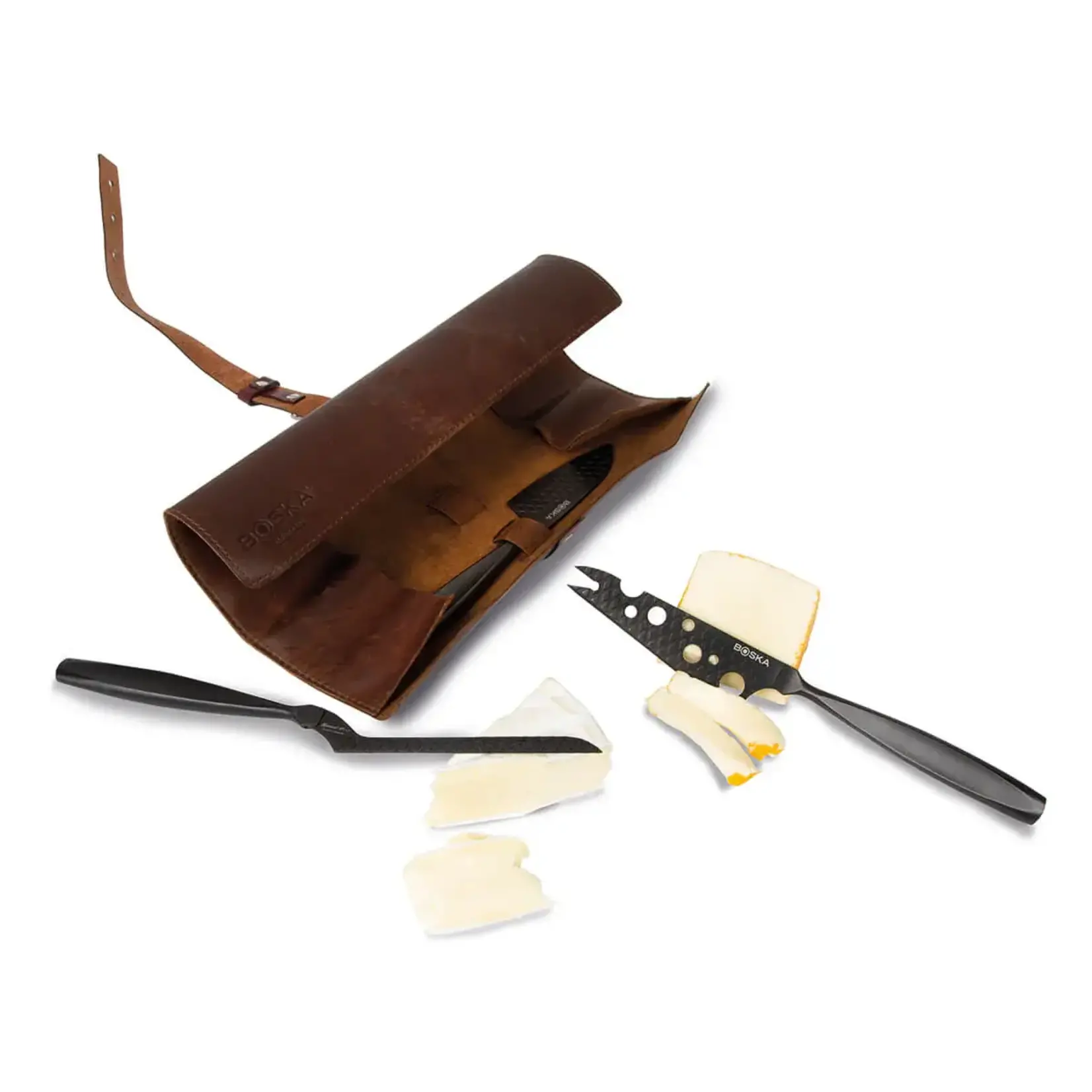 Boska leren foudraal met 3 zwarte Monaco+ kaasmessen Boska  Monaco+ zwart kaasmessenset Boska 307089