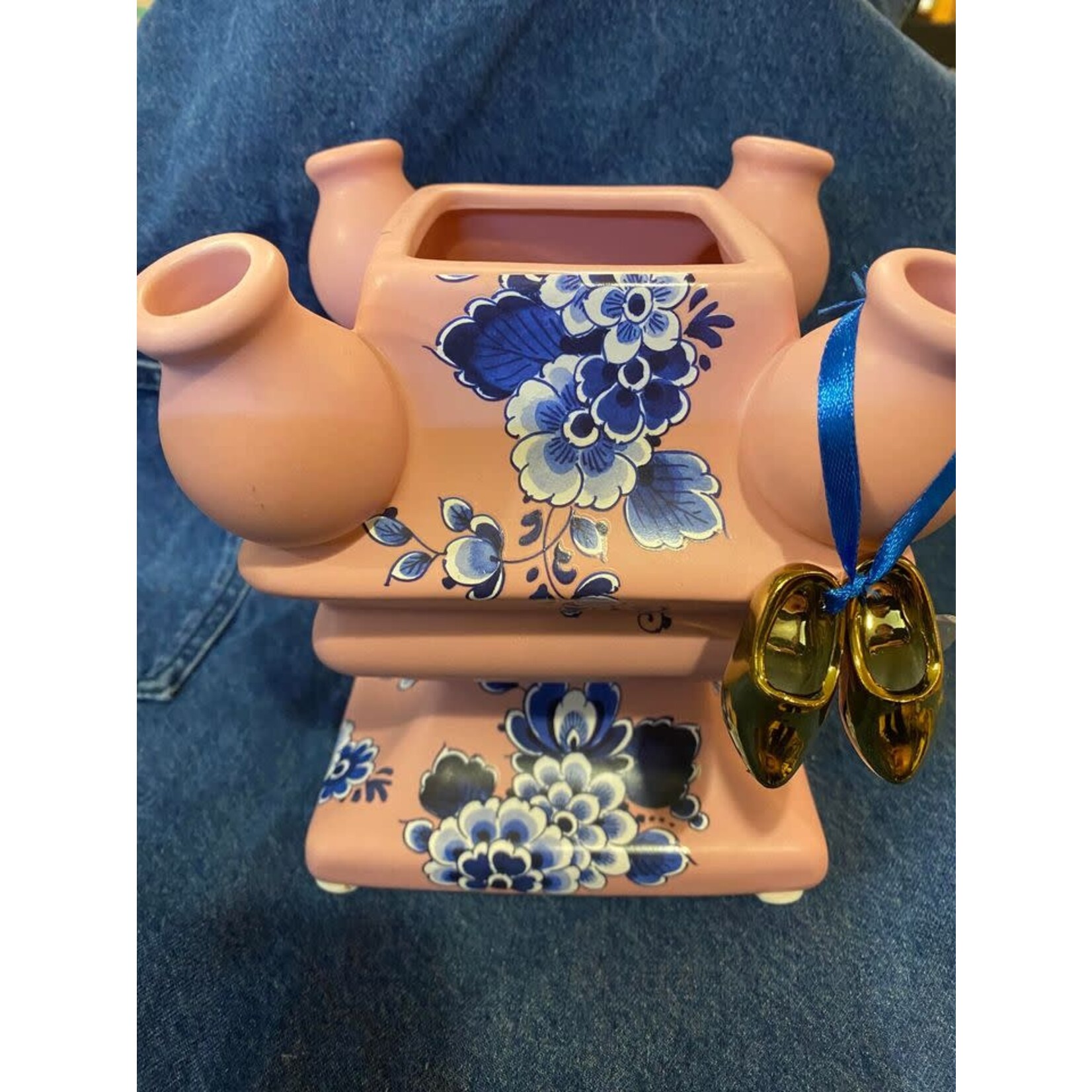 Heinen Delfts Blauw roze Bodem vaas stapelgekte roze met bloem Bodem vaas Heinen Delfts Blauw D0723-3