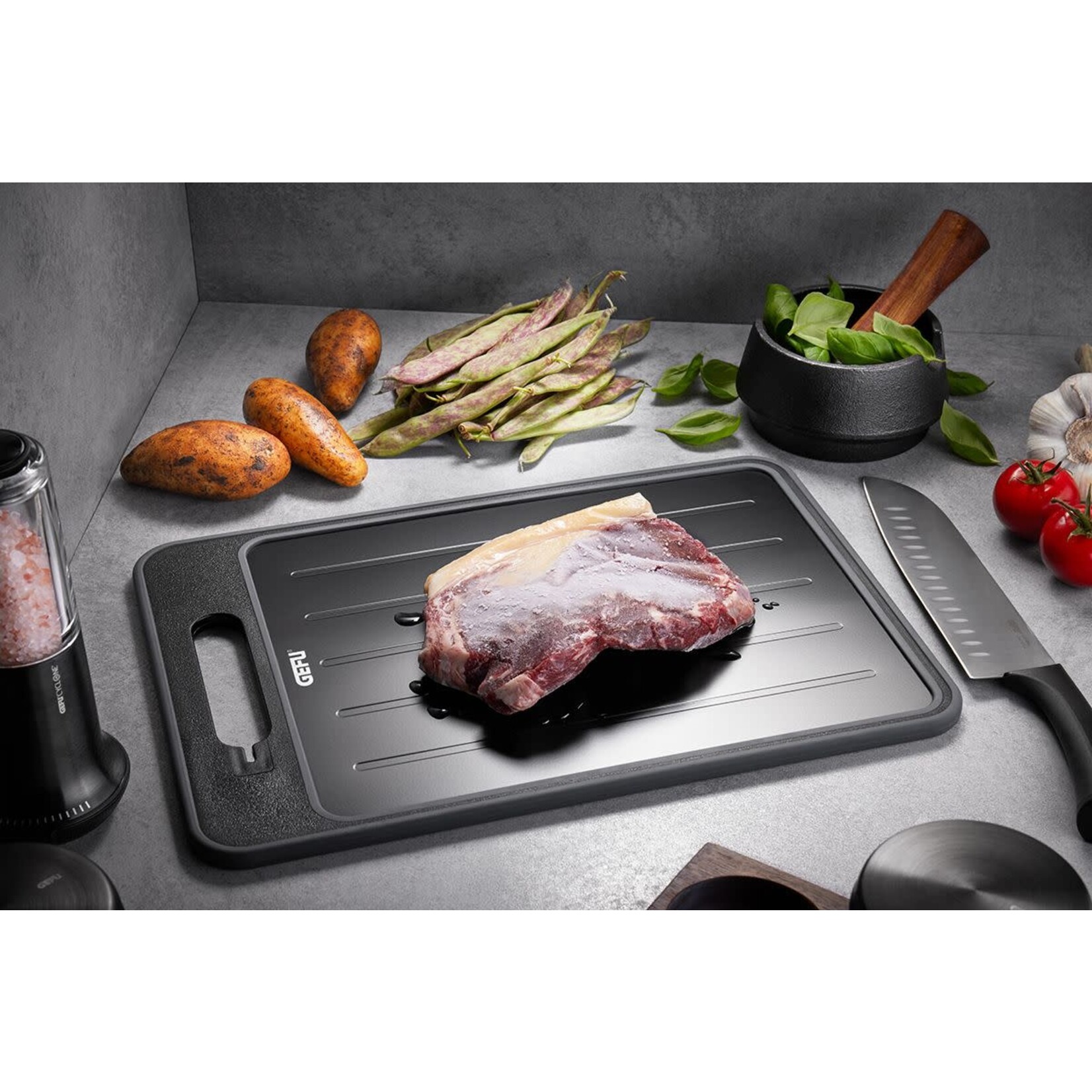 Gefu Gefu snijplank met ingebouwde messenslijper en knoflook rasp en ontdooi plank Gefu Cut pro Gefu 13991
