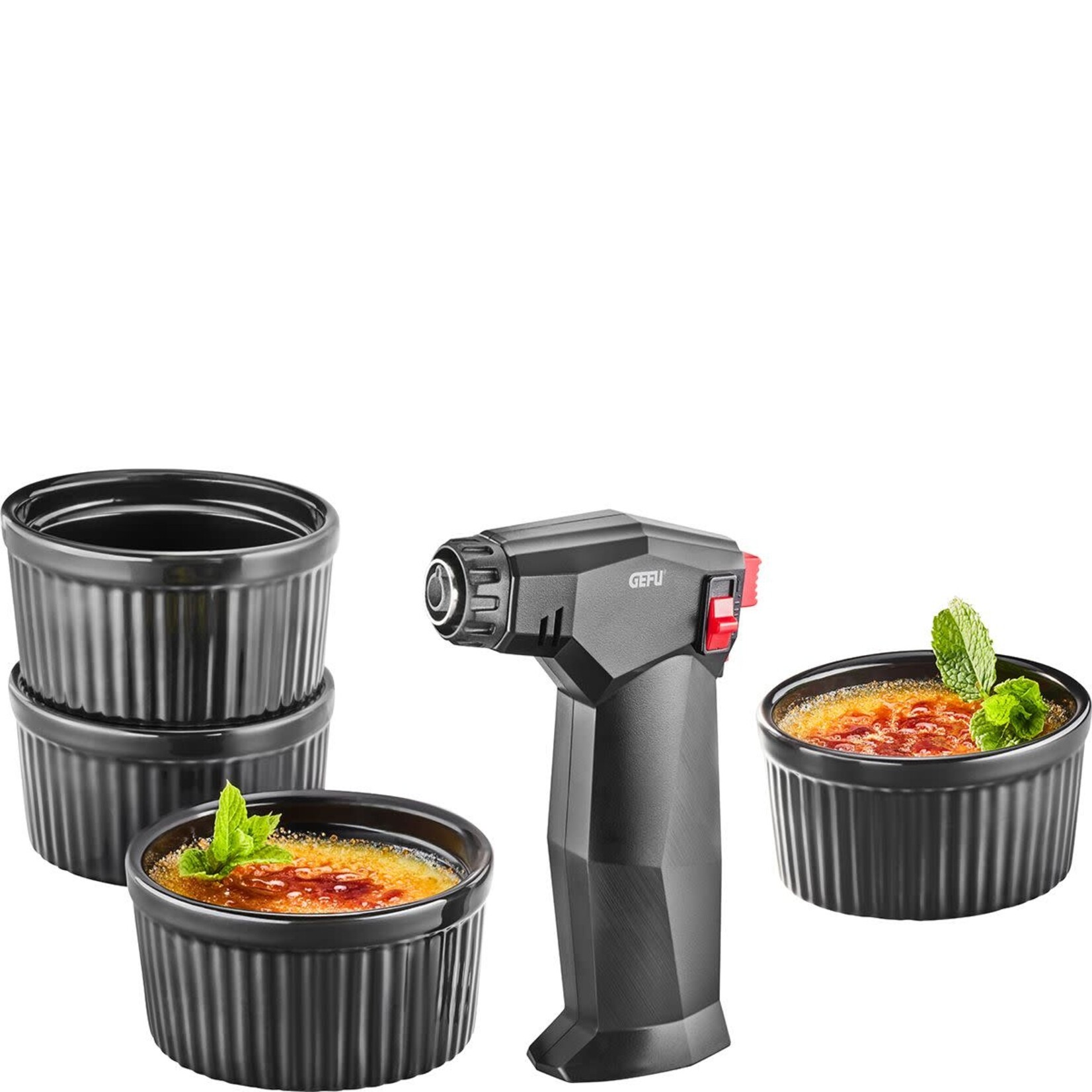 Gefu 4 zwarte ramekins & Kitchen torch, koksbrander Gefu Zuca Flambeerbrander set Gefu 35361