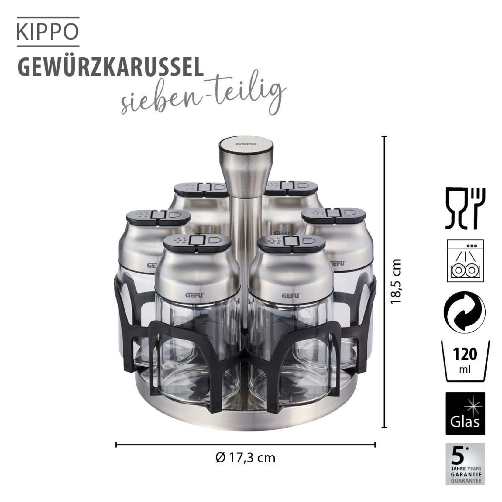 Gefu Gefu Kippo 7 delig kruidenrek kruidenhouder met 6 glazen kruidenpotjes met rvs deksel Gefu 33733