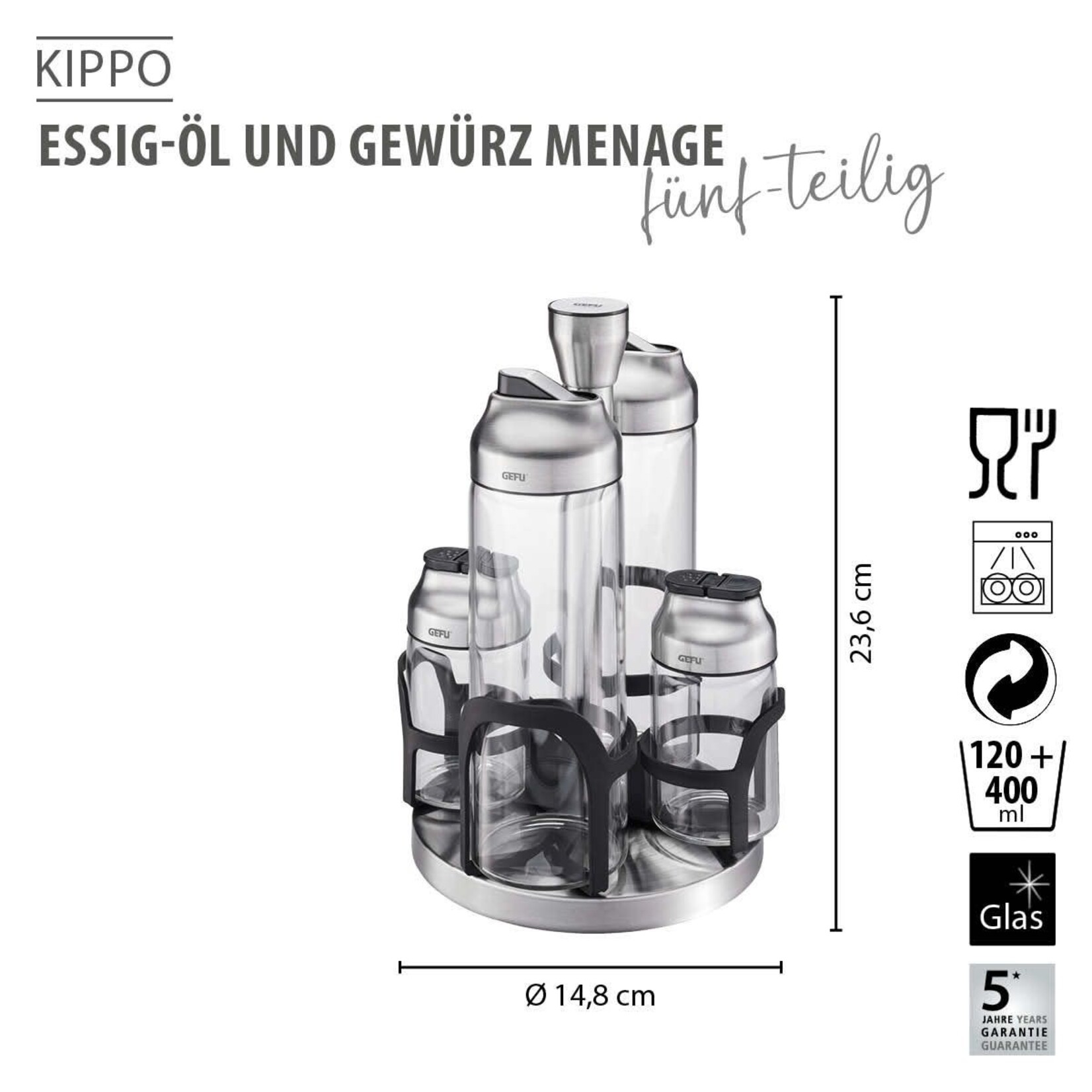 Gefu Gefu Kippo 5 delig kruiden standaard menage set 2  glazen kruidenpotjes en 2 flessen Gefu 33734