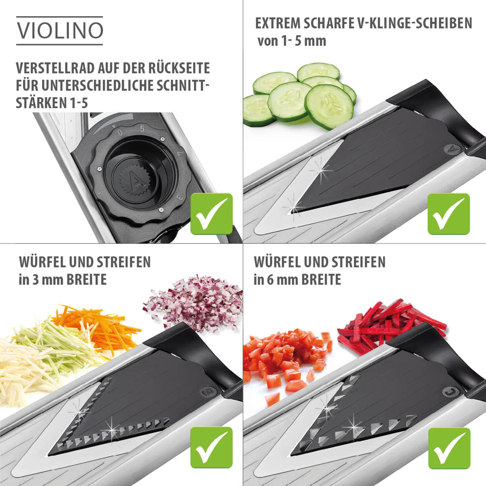 Gefu Julienne, schaaf 1 tot 5 mm, staafjes & blokjes Mandoline Gefu Violino rvs mandoline Gefu 55700