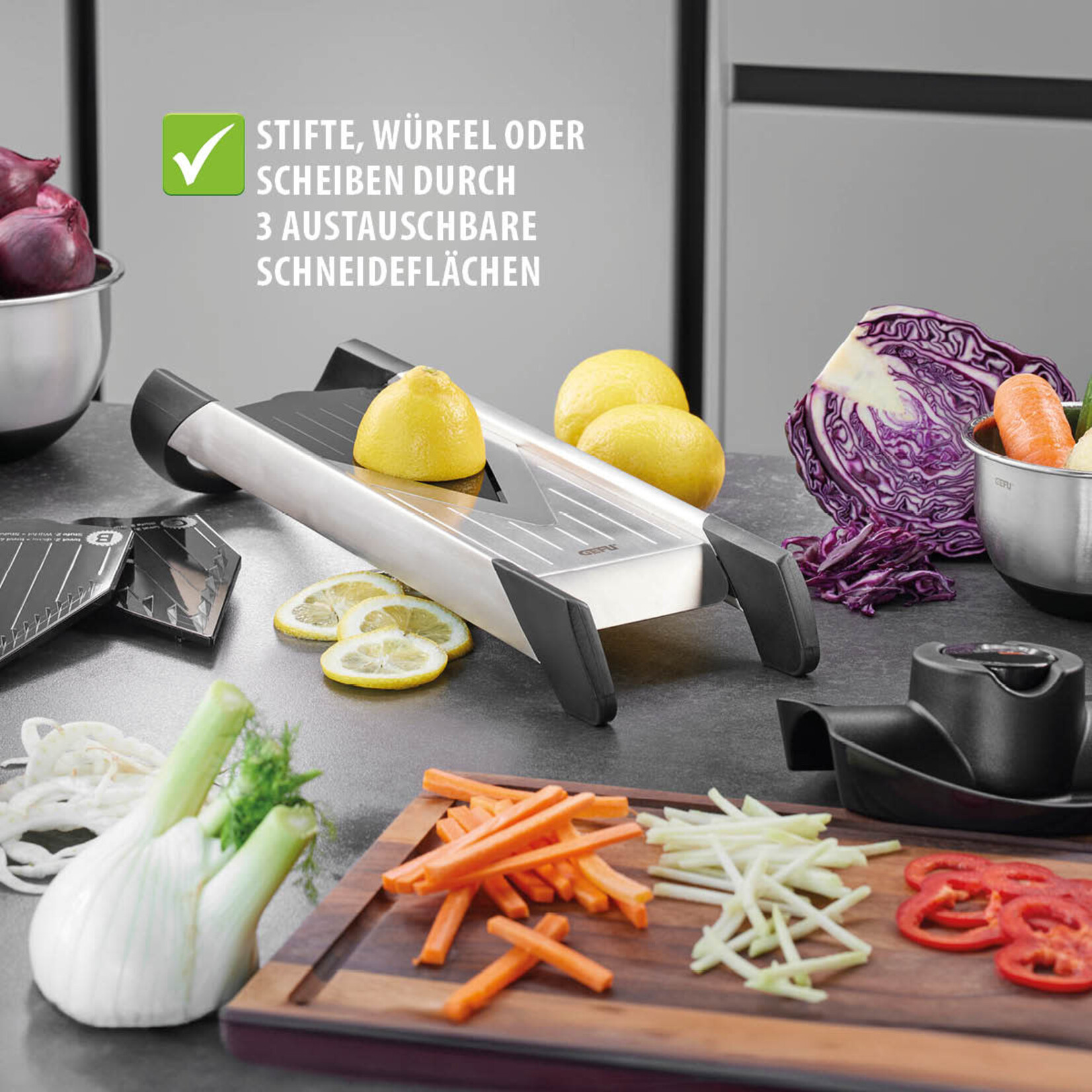 Gefu Julienne, schaaf 1 tot 5 mm, staafjes & blokjes Mandoline Gefu Violino rvs mandoline Gefu 55700