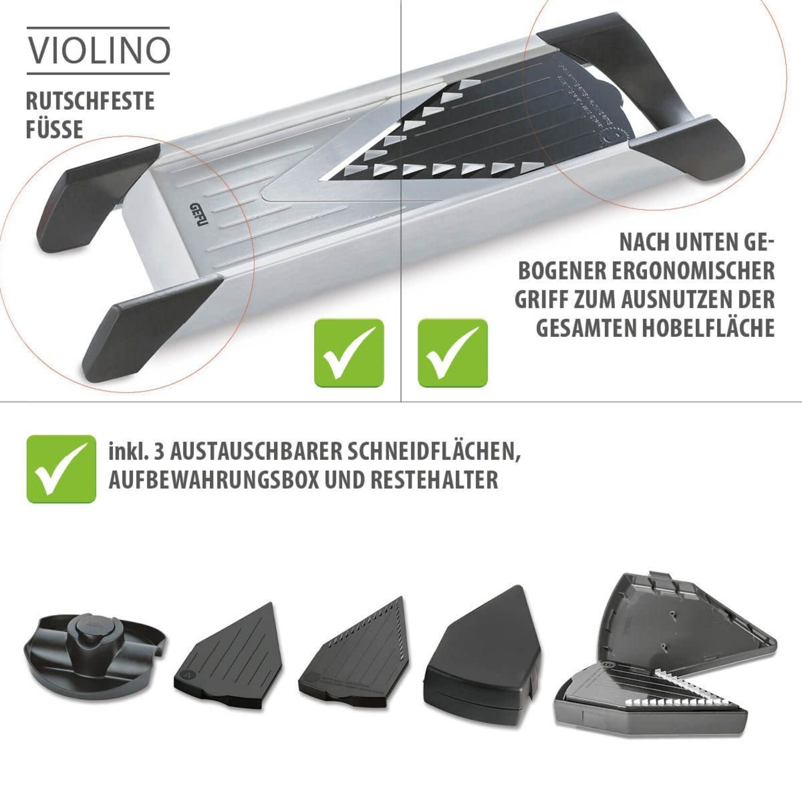 Gefu Julienne, schaaf 1 tot 5 mm, staafjes & blokjes Mandoline Gefu Violino rvs mandoline Gefu 55700