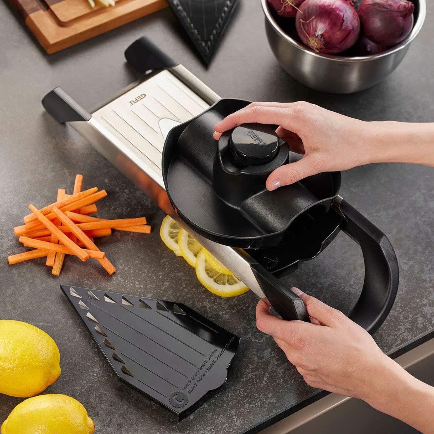 Gefu Julienne, schaaf 1 tot 5 mm, staafjes & blokjes Mandoline Gefu Violino rvs mandoline Gefu 55700