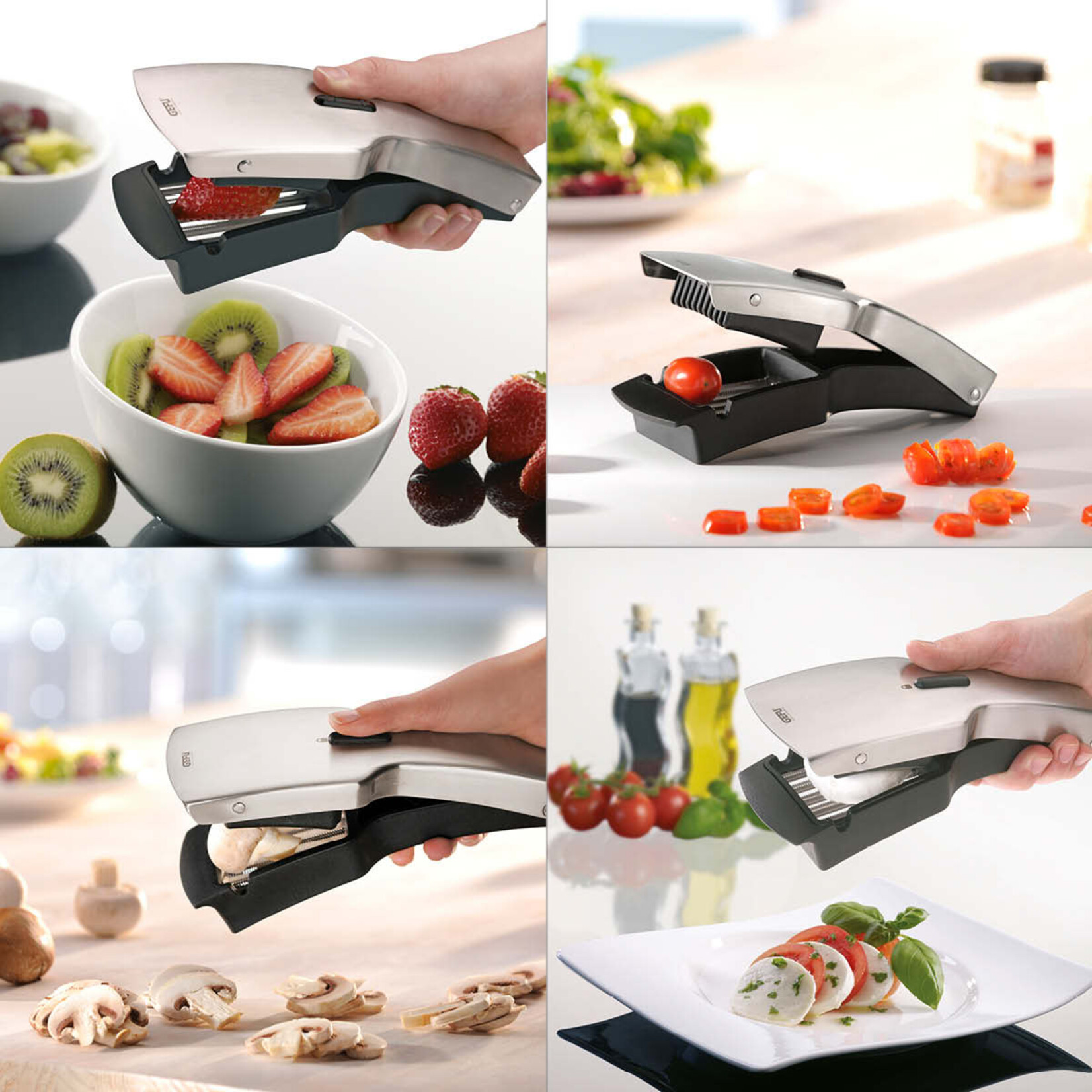 Gefu kartelmesjes schijfjes snijder Gefu Tari tomaat + mozzarella + champignon + snijder met mesjes Gefu 13420