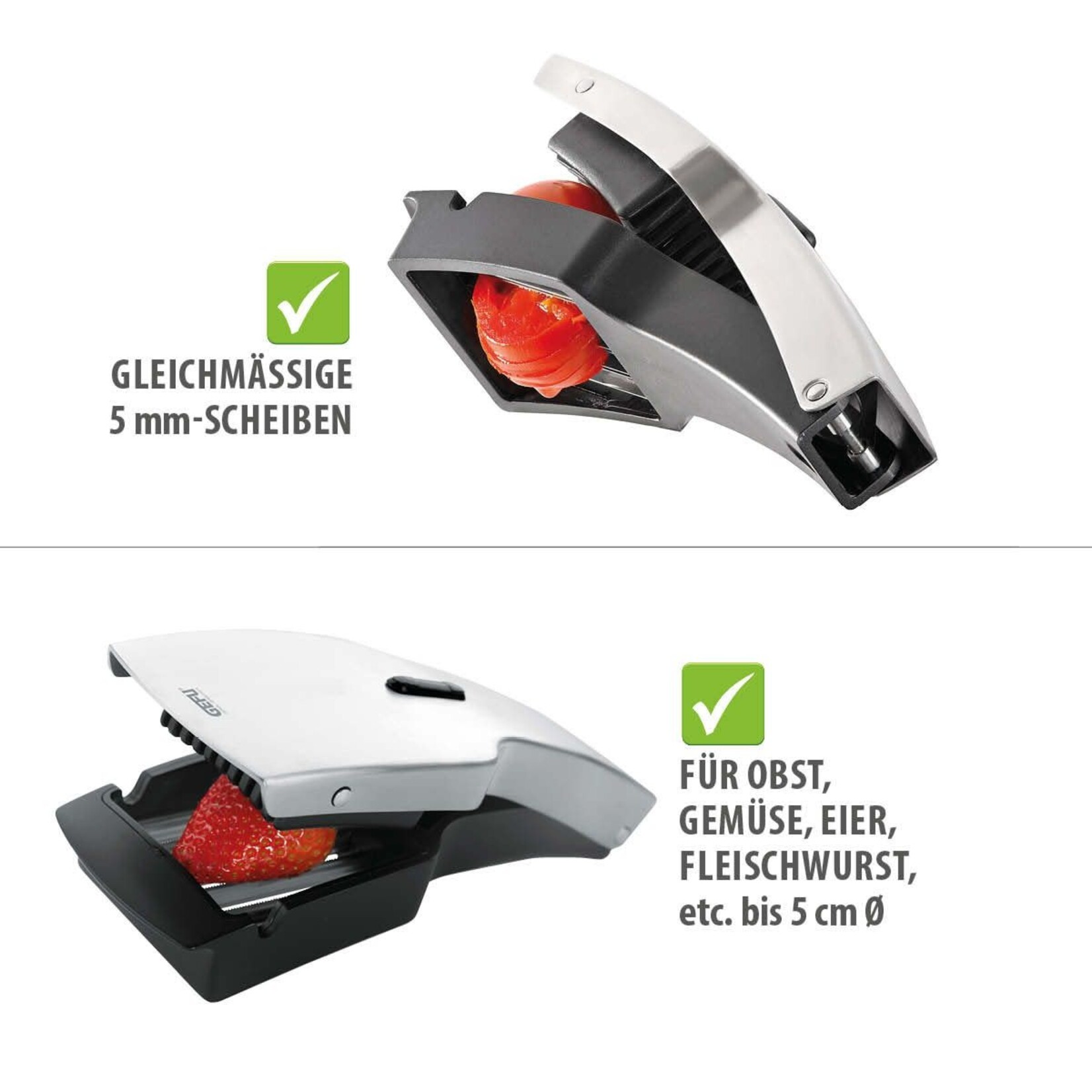 Gefu kartelmesjes schijfjes snijder Gefu Tari tomaat + mozzarella + champignon + snijder met mesjes Gefu 13420