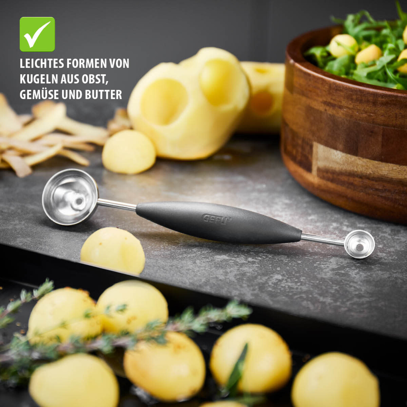 Gefu 15 en 30 mm dubbele Meloenboor Gefu pomme  parisienne boor dubbel 15 en 30 mm Gefu 13721