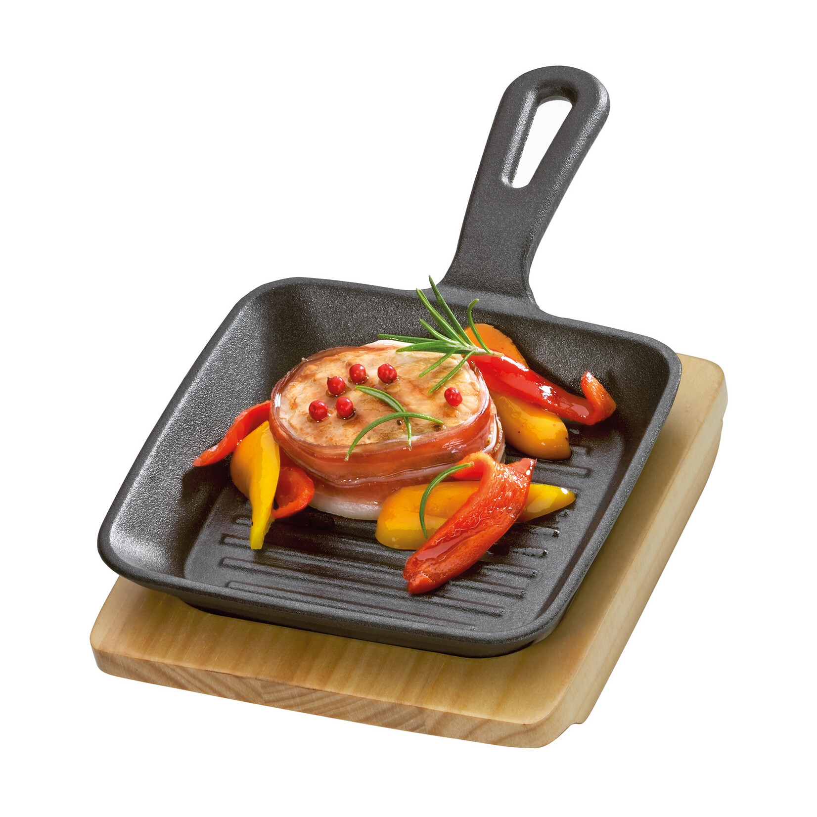 Kuchenprofi 230 × 135 × 55 mm mini gietijzeren grillpan met houten onderzetter Kuchenprofi 0305001013