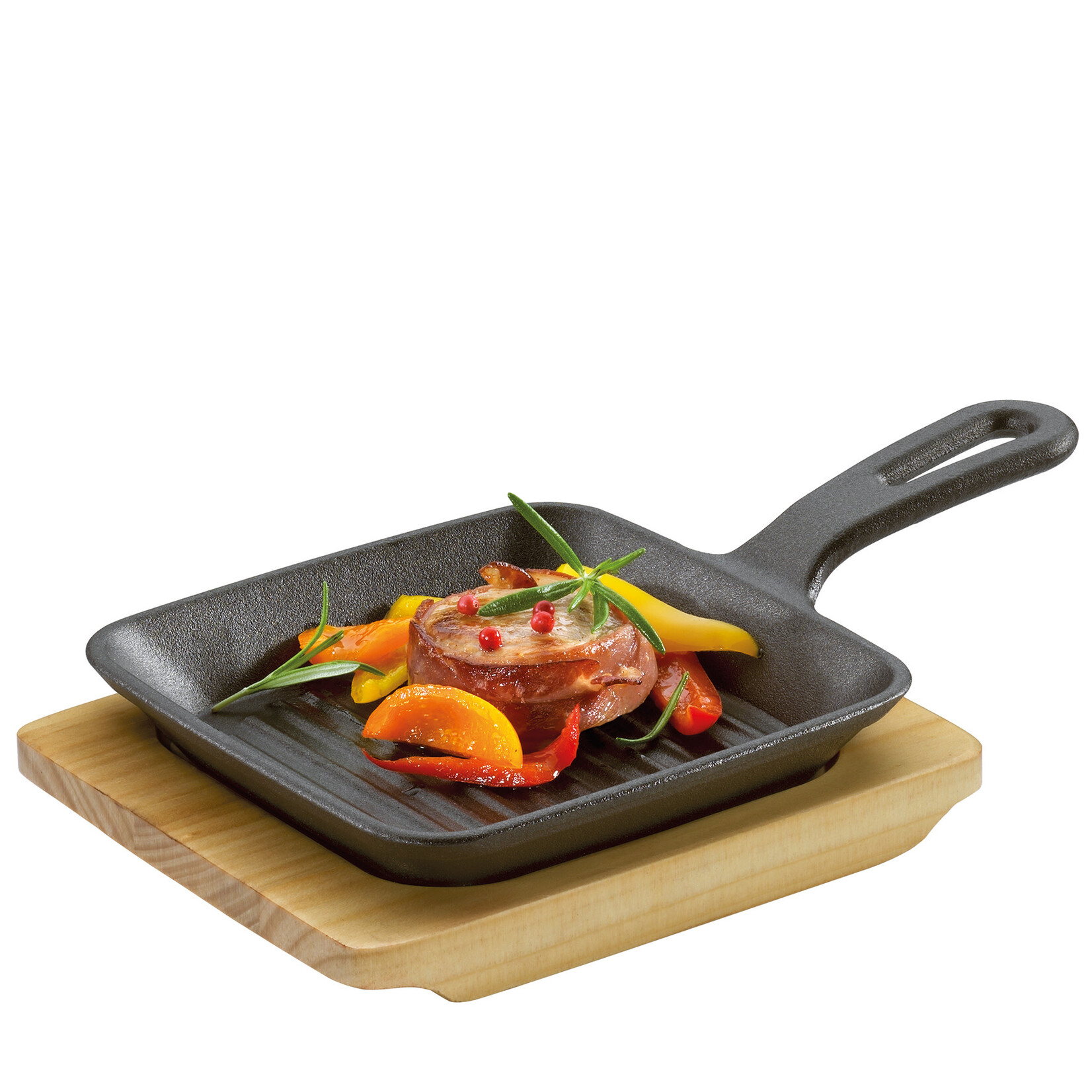 Kuchenprofi 230 × 135 × 55 mm mini gietijzeren grillpan met houten onderzetter Kuchenprofi 0305001013