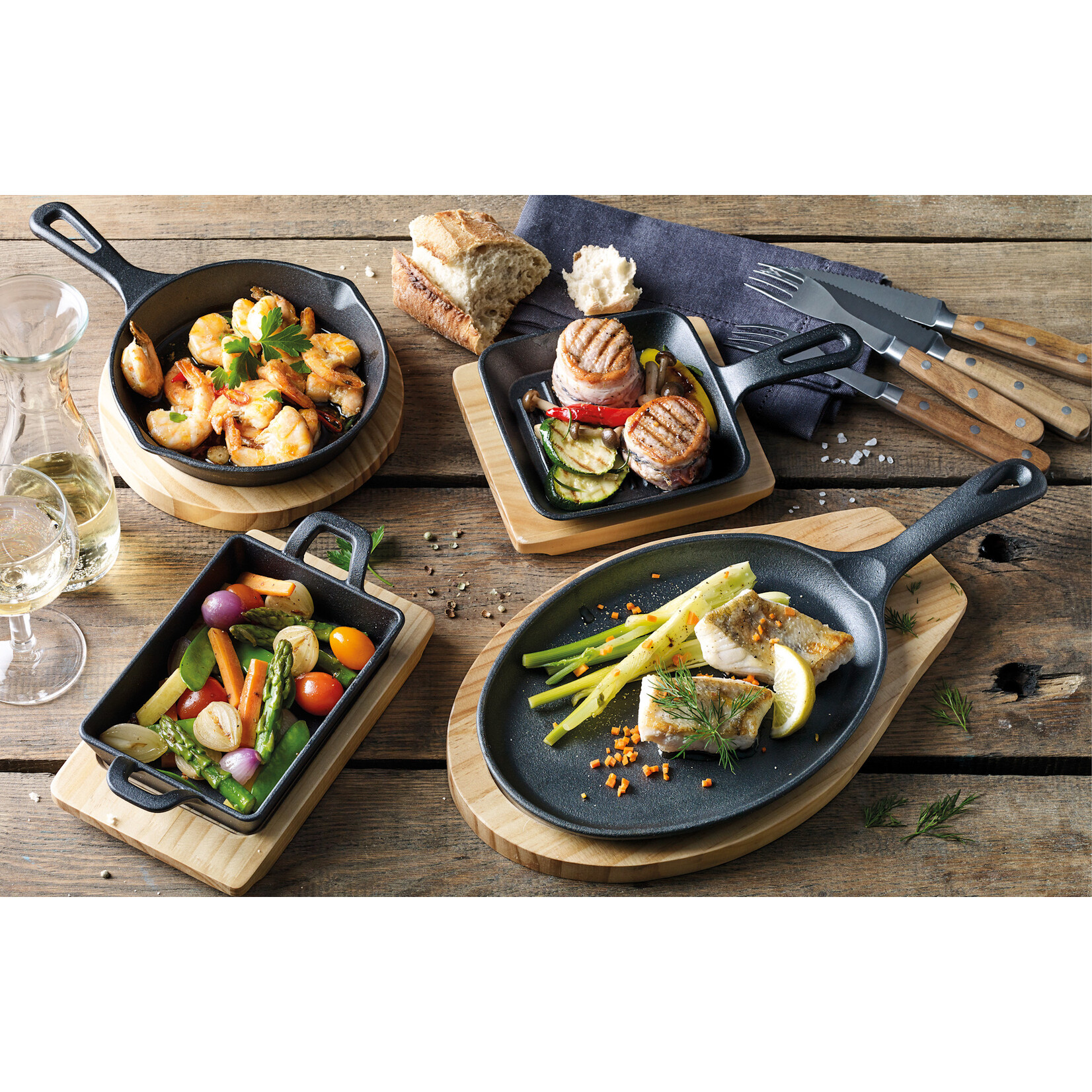 Kuchenprofi 230 × 135 × 55 mm mini gietijzeren grillpan met houten onderzetter Kuchenprofi 0305001013