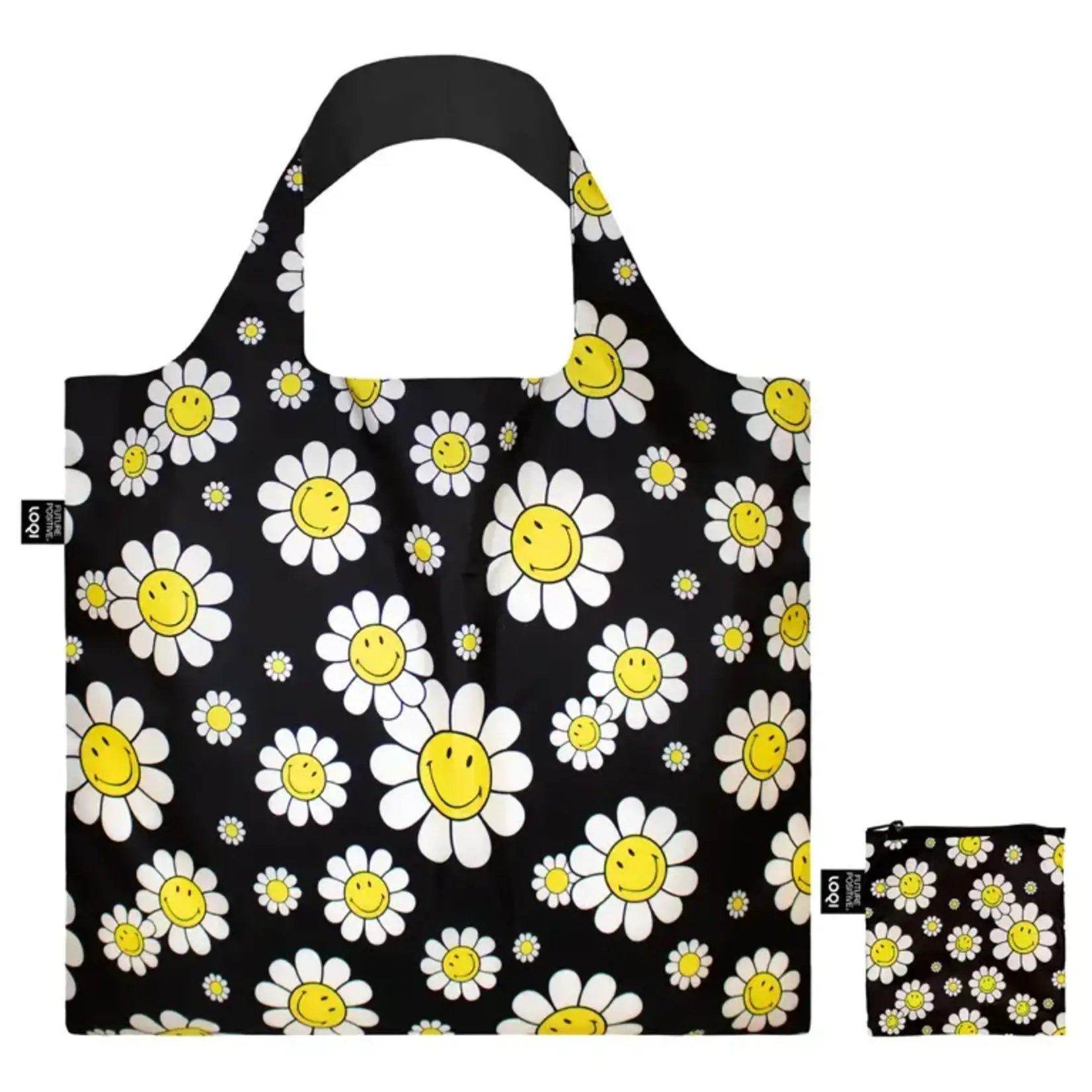 Loqi Loqi opvouwbaar tasje Loqi Bag Large - Smiley Flowers Black gerecycled Loqi LQSMFB