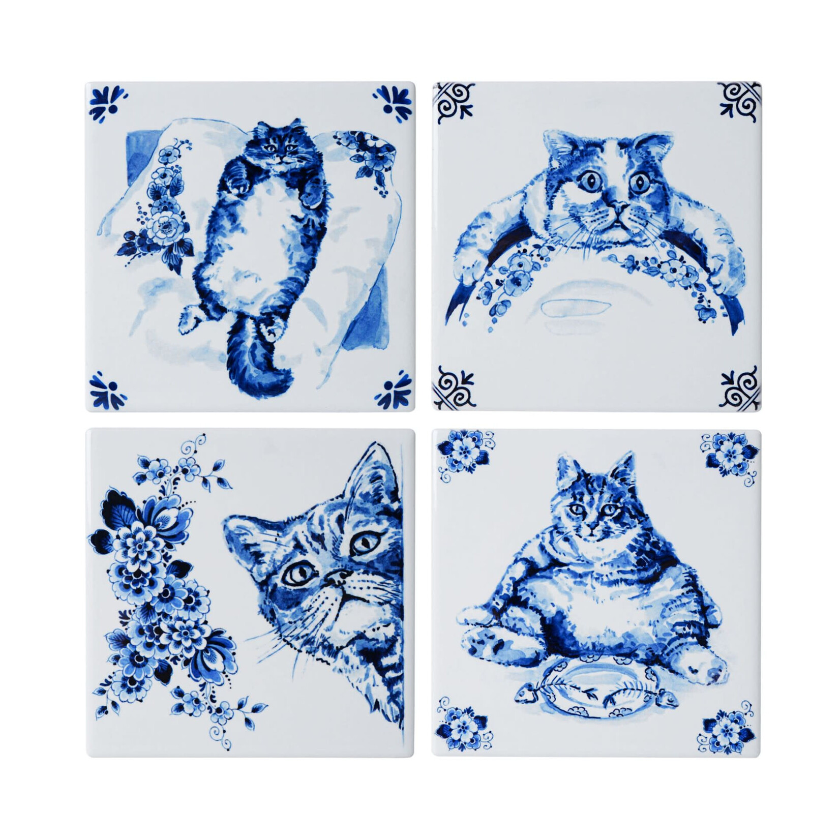 Heinen Delfts Blauw Heinen Delfts blauw onderzetters set van 4 Luie kat vierkant Heinen Delfts Blauw P743