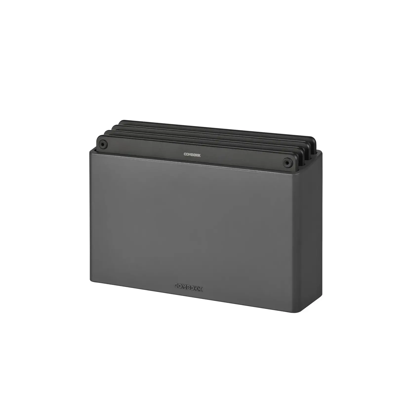 Combekk, Nederlands design  gietijzeren pannen uit gerecycled materiaal. Combekk zwart houder en zwart 4 geperst houten snijplanken met houder Combekk 596403bls