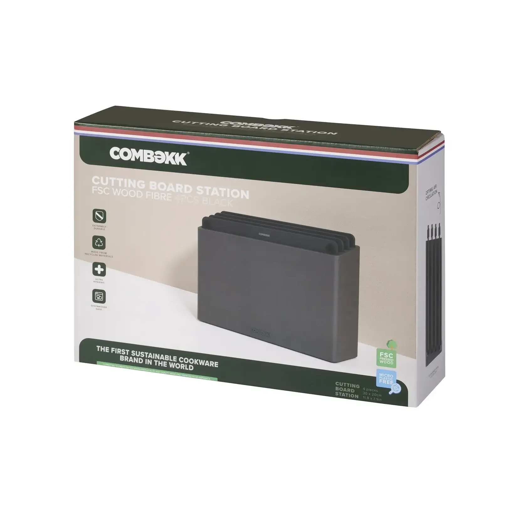 Combekk, Nederlands design  gietijzeren pannen uit gerecycled materiaal. Combekk zwart houder en zwart 4 geperst houten snijplanken met houder Combekk 596403bls