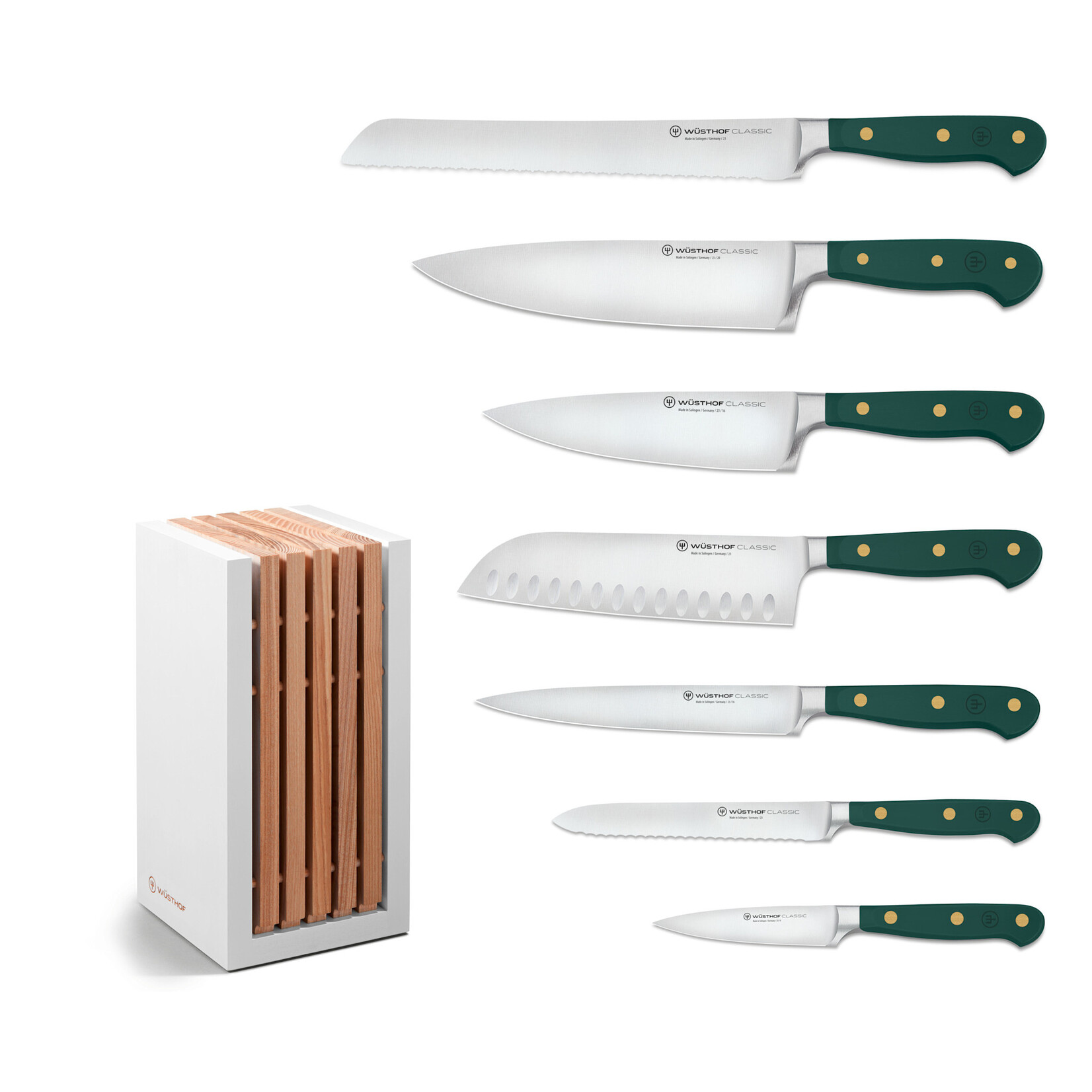 Wüsthof, messen uit Solingen gemaakt onder leiding van de 5e generatie familie Wusthof 8 delig messenblok Wusthof Classic Colour Color Fresh Rosemary gevuld blok witte es beuk Wusthof 1091770717