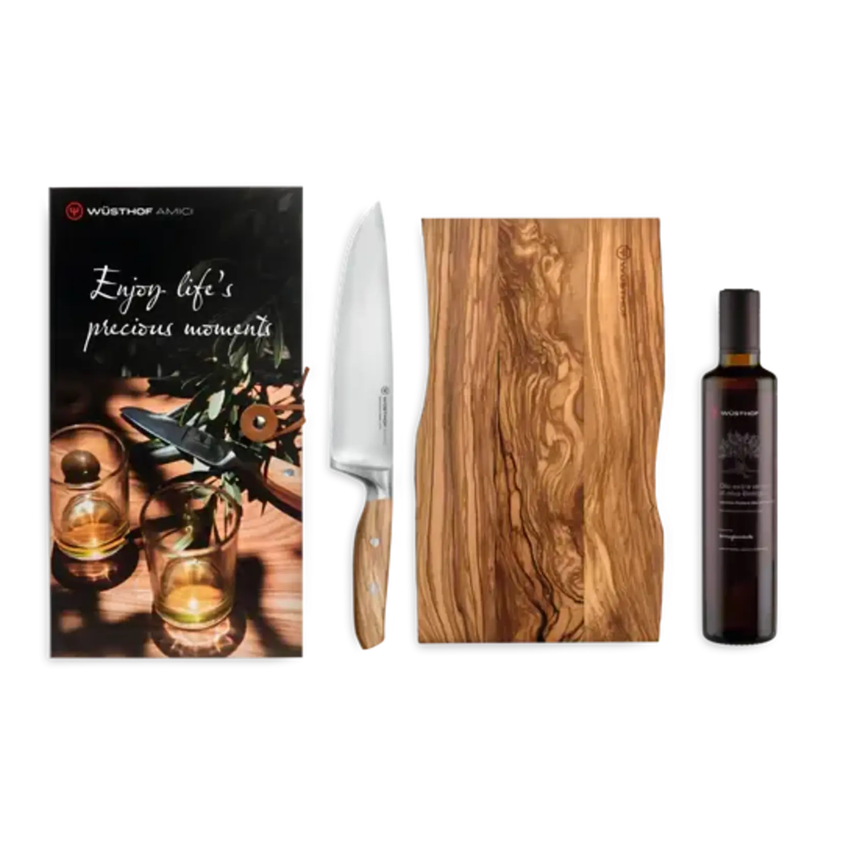 Wüsthof, messen uit Solingen gemaakt onder leiding van de 5e generatie familie Wusthof Geschenkset Wusthof Amici koksmes 20 met een schitterende plank en Amici olijfolie Wusthof 1101360301