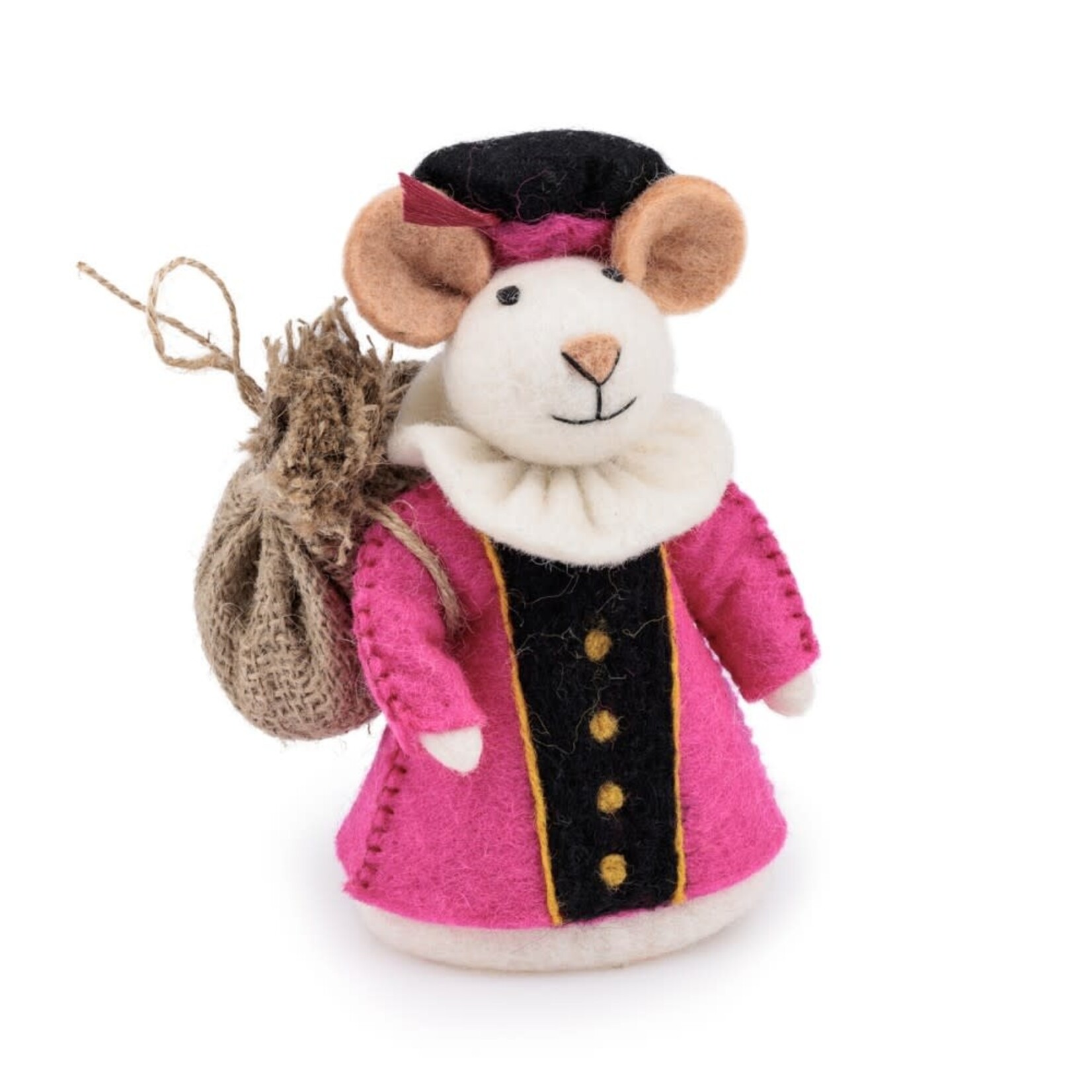 Fairmade Fairtrade Sint Decoratie muis Fuchsia geklede piet 18 cm Handmade Fairmade in Nepal