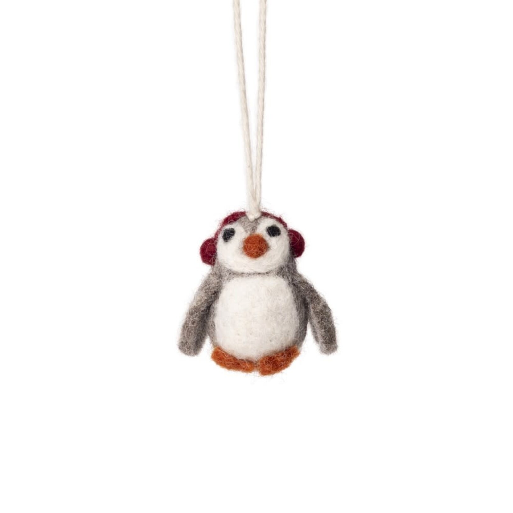 Fairmade Fairtrade Hanger kerst 6 cm pinguïn met oorwarmers rood Fairmade Fairtrade handgemaakt in Nepal