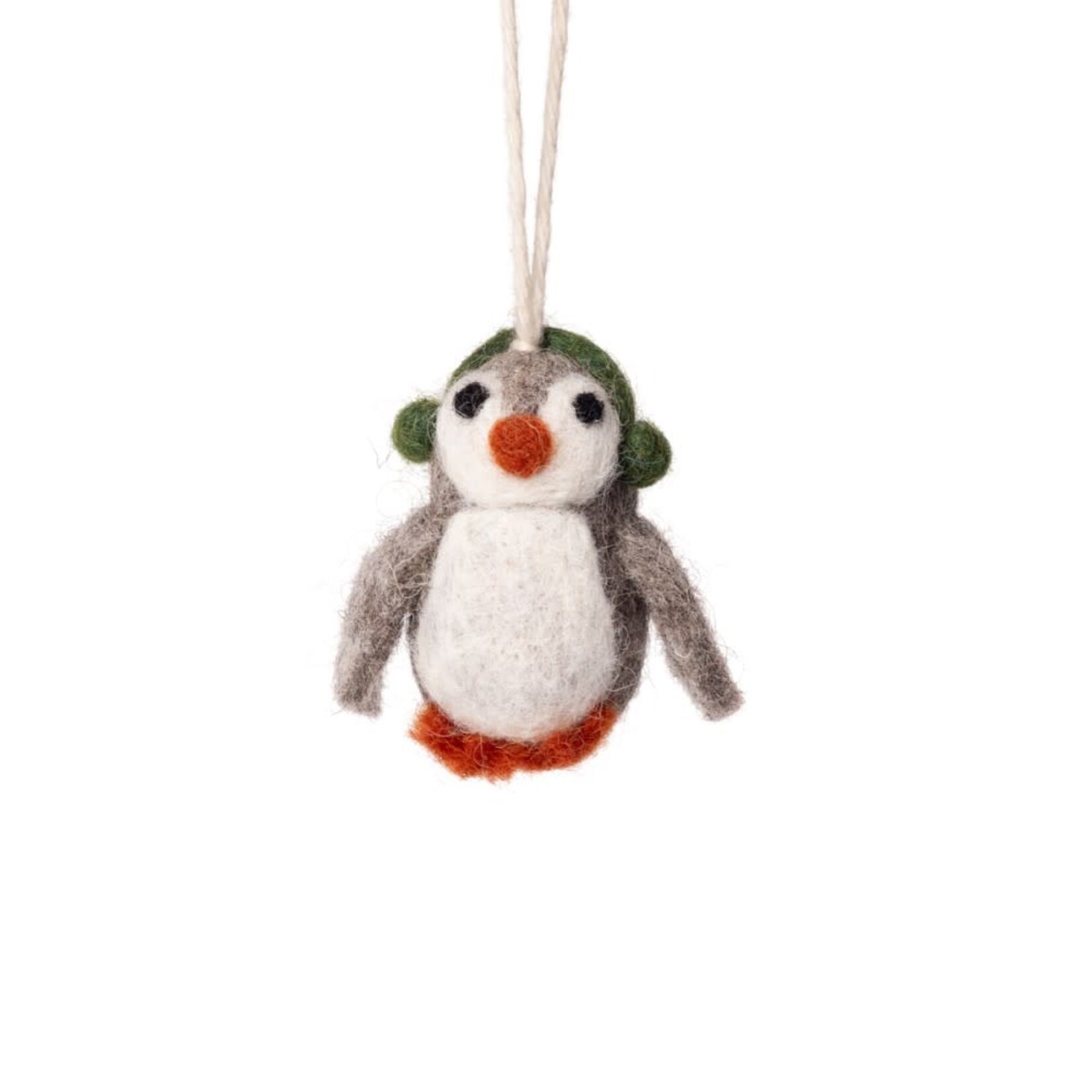 Sjaal met Verhaal Sjaal met verhaal Hanger kerst 6 cm pinguïn met oorwarmers groen Fairmade Fairtrade handgemaakt in Nepal