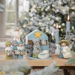 Sjaal met Verhaal Sjaal met Verhaal Kerststal ijsblauw wit met 11 kerstfiguren, Fairmade Fairtrade handgemaakt