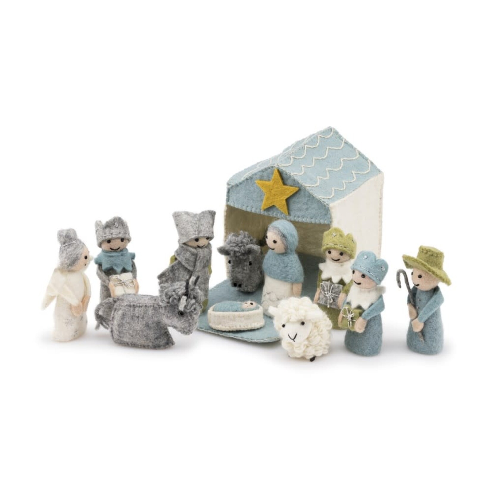Fairmade Fairtrade Sjaal met Verhaal Kerststal ijsblauw wit met 11 kerstfiguren, Fairmade Fairtrade handgemaakt