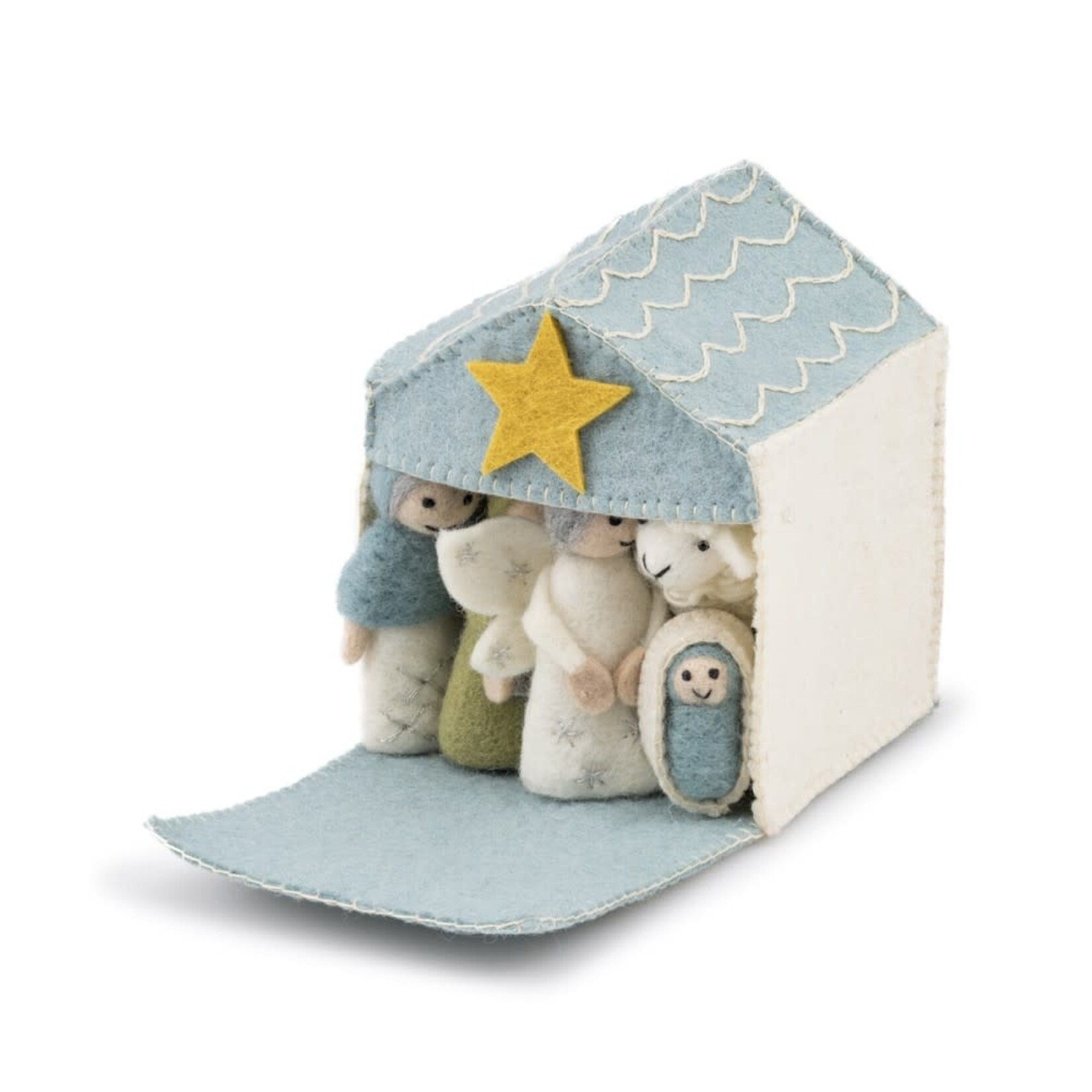 Fairmade Fairtrade Sjaal met Verhaal Kerststal ijsblauw wit met 11 kerstfiguren, Fairmade Fairtrade handgemaakt