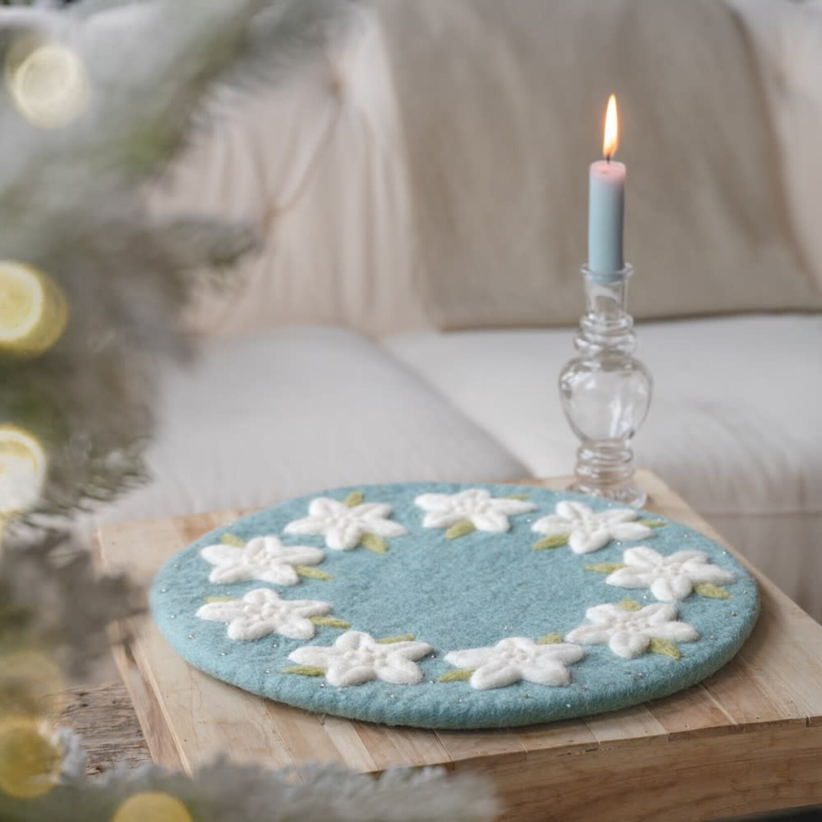 Fairmade Fairtrade Sjaal met Verhaal 35 cm onderzetter placemat ijsblauw Kerstster