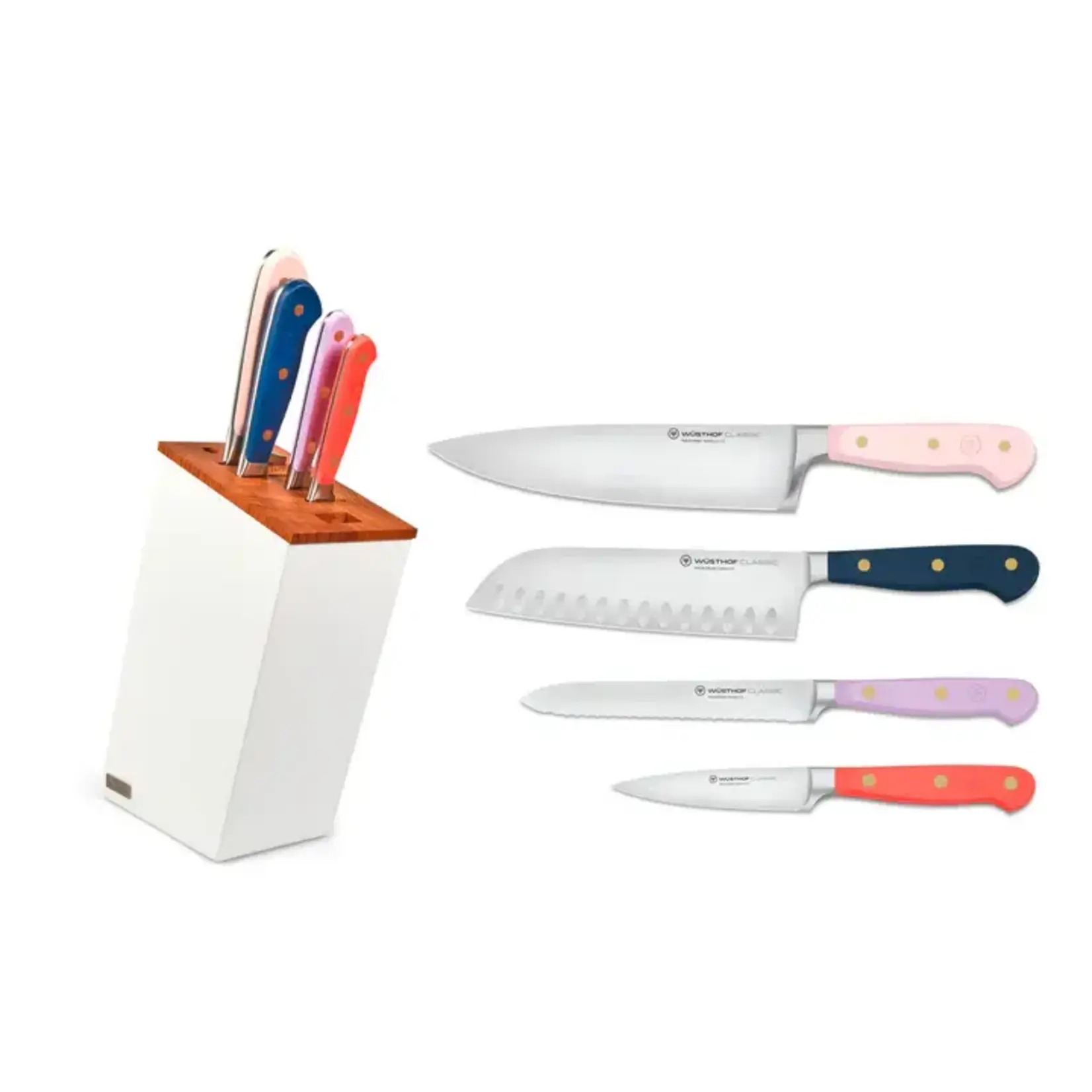 Wüsthof, messen uit Solingen gemaakt onder leiding van de 5e generatie familie Wusthof 5 delig messenblok Wusthof Classic Colour Color mix gevuld blok witte es beuk Wusthof 1091770502