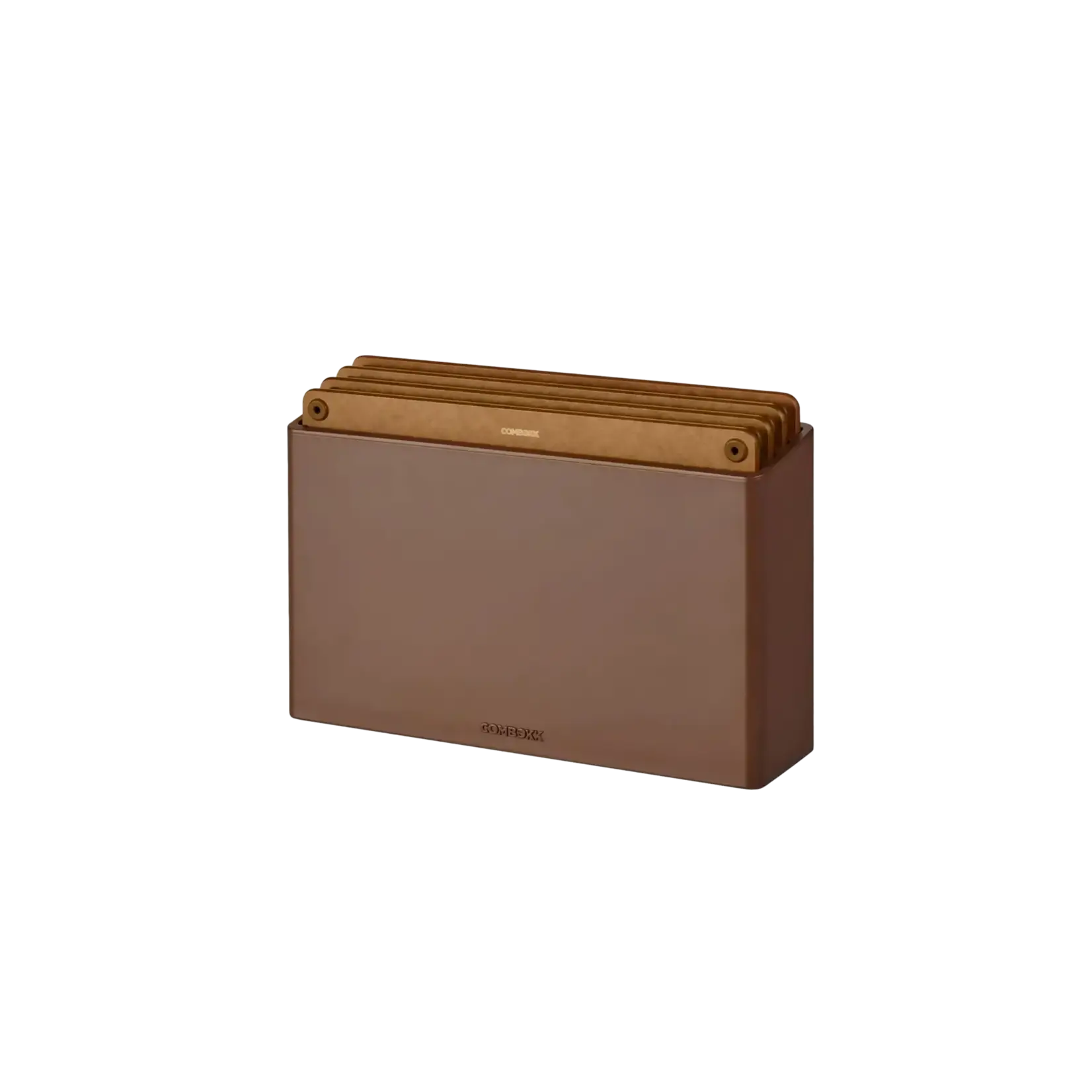 Combekk, Nederlands design  gietijzeren pannen uit gerecycled materiaal. Combekk bruin houder en bruin 4 geperst houten snijplanken met houder Combekk 596402brs