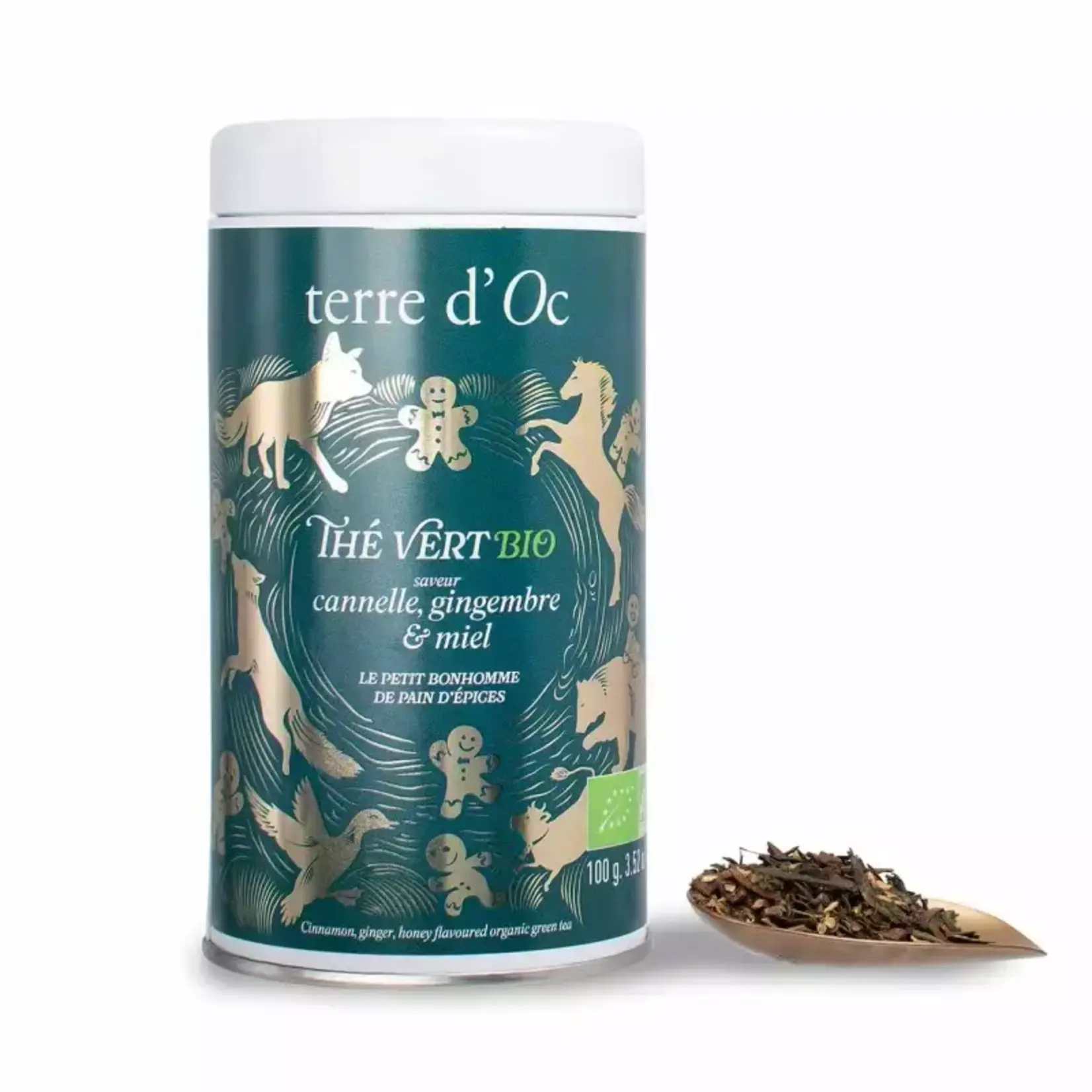 Terre D'oc Terre d'Oc Thé Vert Gingembre Cannelle Miel 100 gram Terre d'Oc thé de Noël blik groene thee