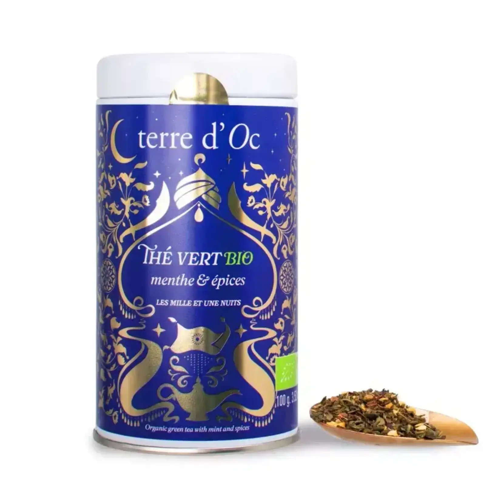 Terre D'oc Terre d'Oc Thé Vert Bio menthe & Epices100 gram Terre d'Oc thé de Noël blik groene thee