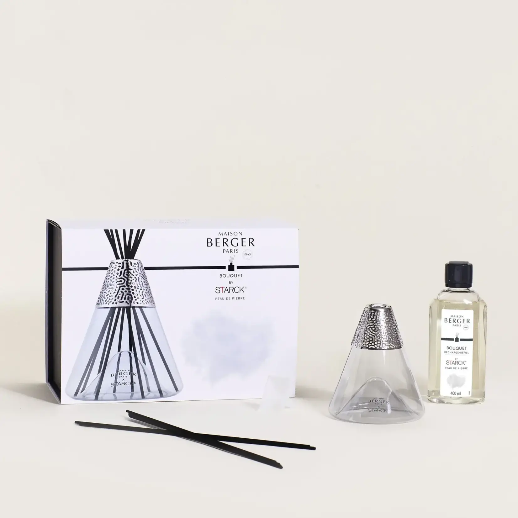 Maison Berger Paris 1898 Parfumverspreider grijs met sticks Maison Berger x Starck Peau De Pierre Parfumsticks