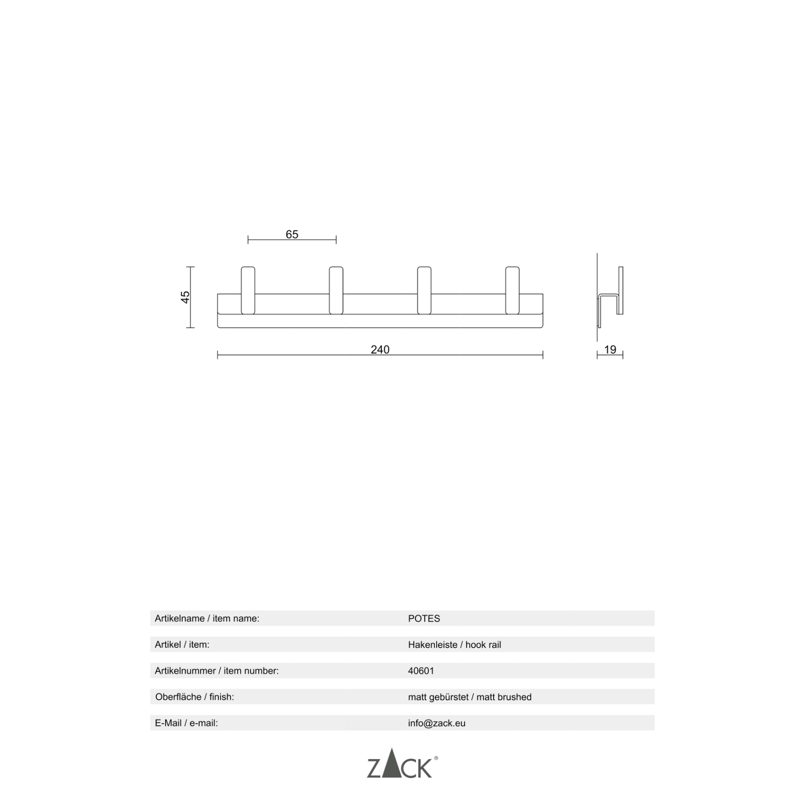 Zack Zack Potes rvs rail met 4 haakjes of ophang mogelijkheden Zack 40601