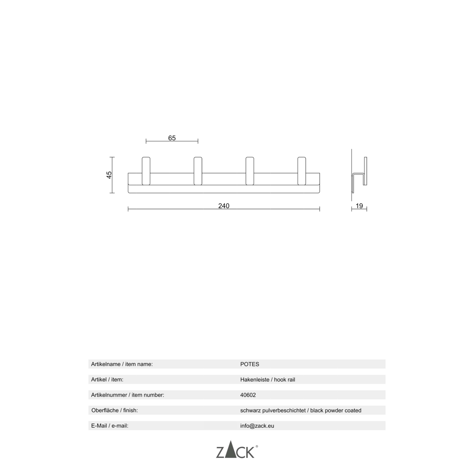 Zack Zack Potes zwarte rail met 4 haakjes of ophang mogelijkheden Zack 40602