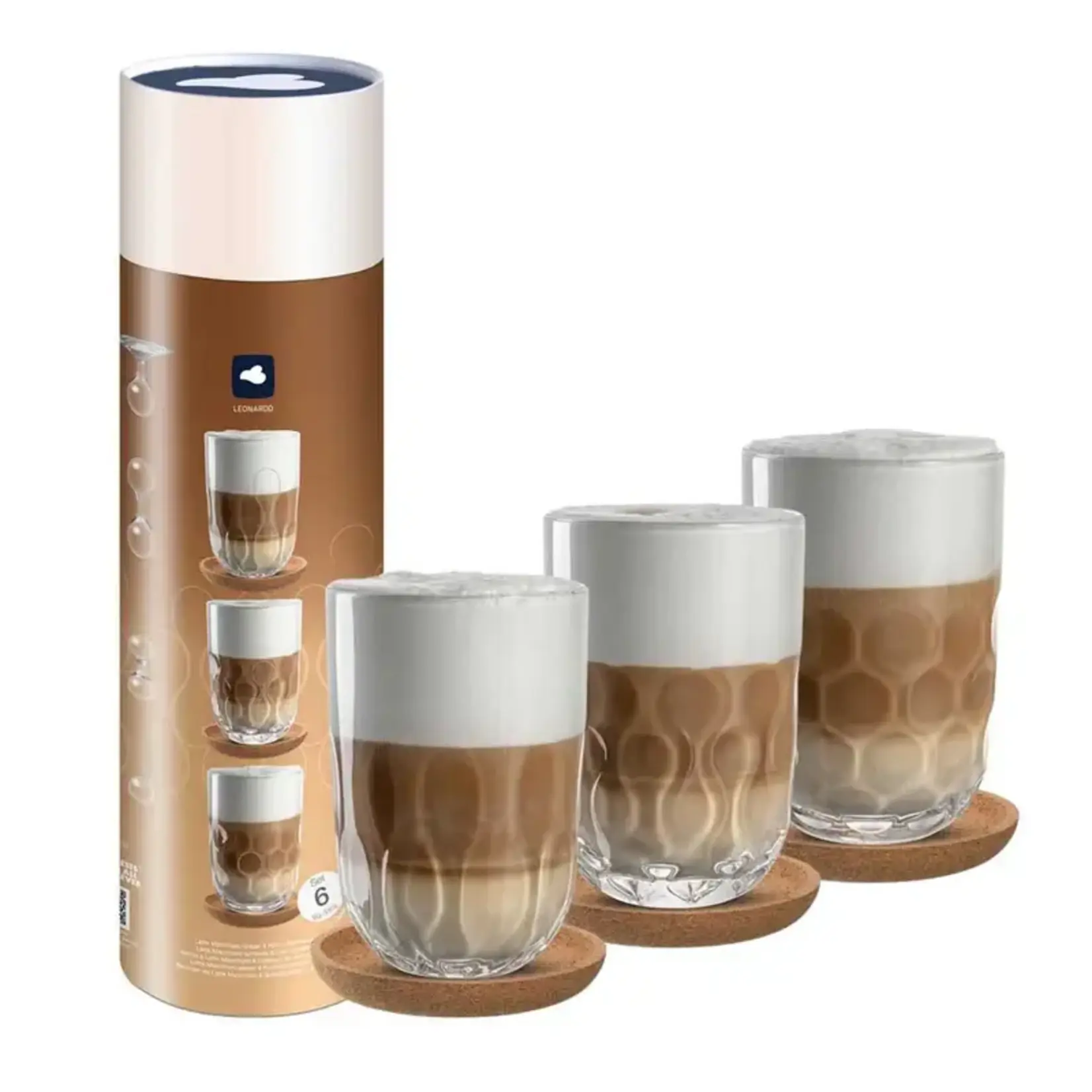 Leonardo Loving Glass Leonardo Gocce koker met 3 verschillende latte glazen en kurken onderzetters Leonardo 055192