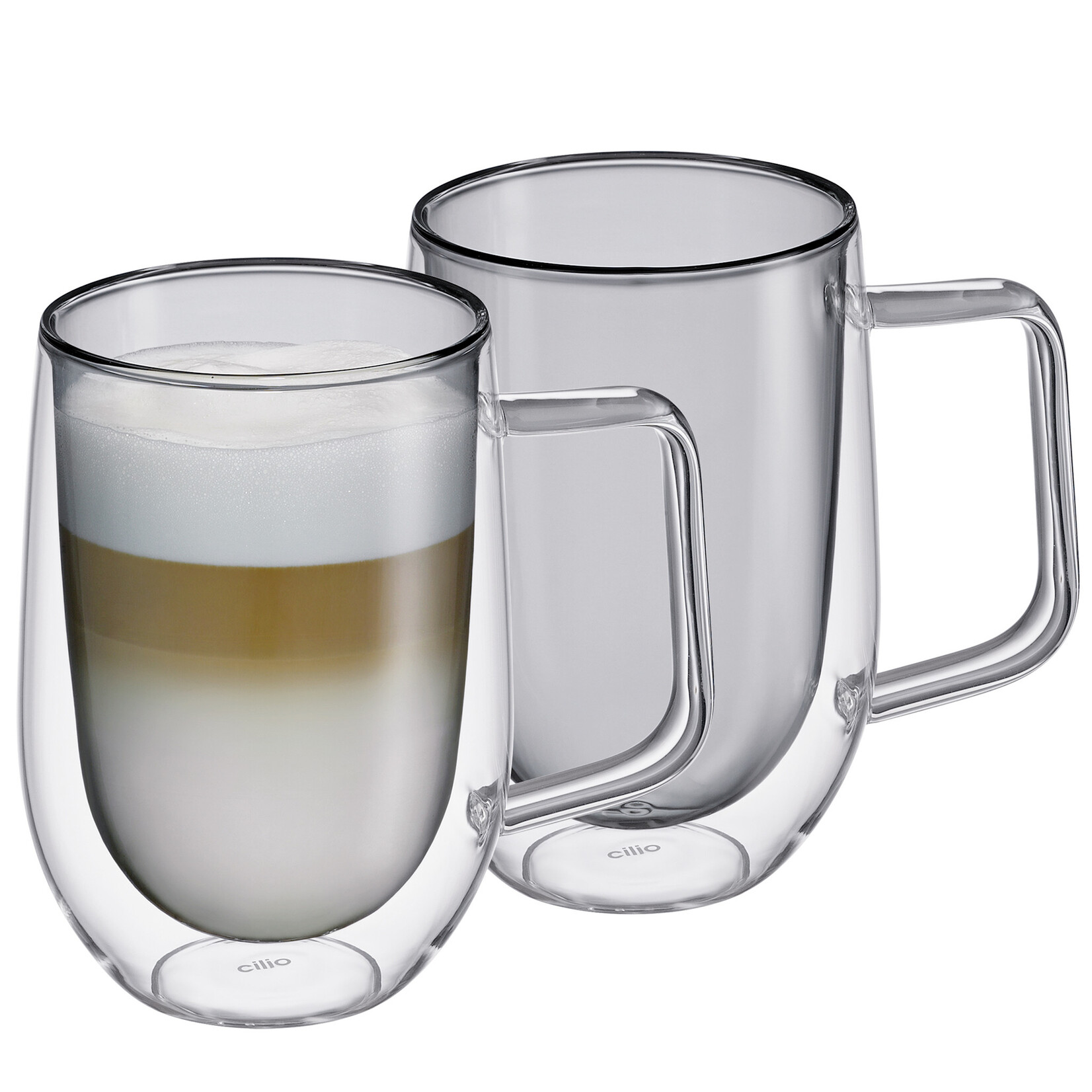 Cilio Grijs 300 ml Latte Macchiato oor glas set-2 dubbelwandig Cilio Veneto Latte Macchiato glas met oor Cilio 292909