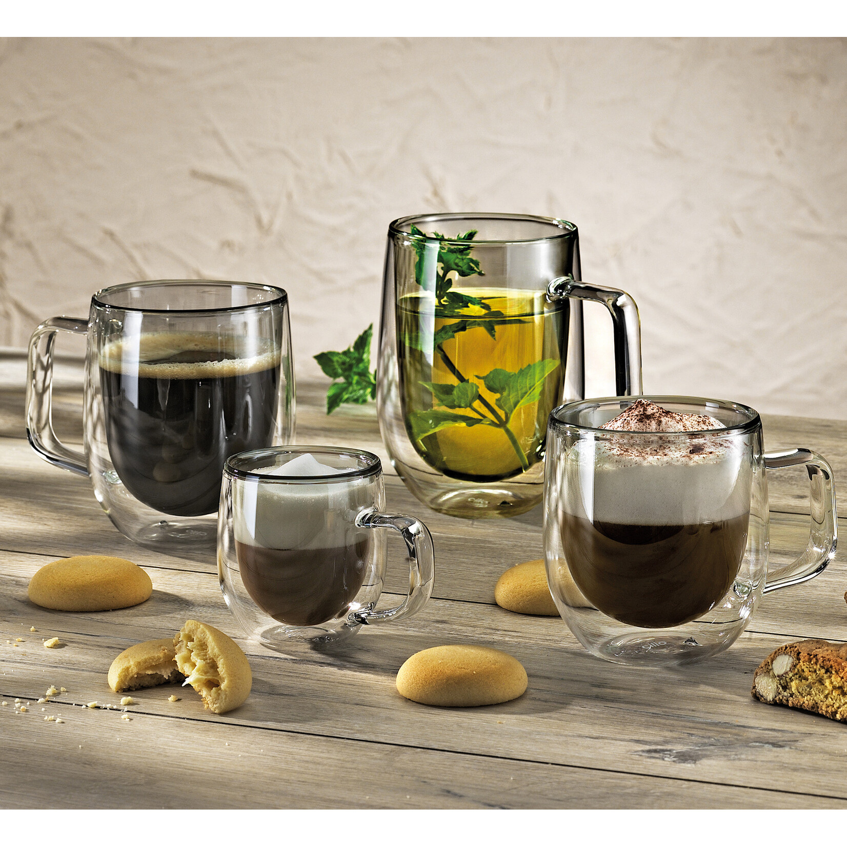 Cilio Grijs 300 ml Latte Macchiato oor glas set-2 dubbelwandig Cilio Veneto Latte Macchiato glas met oor Cilio 292909